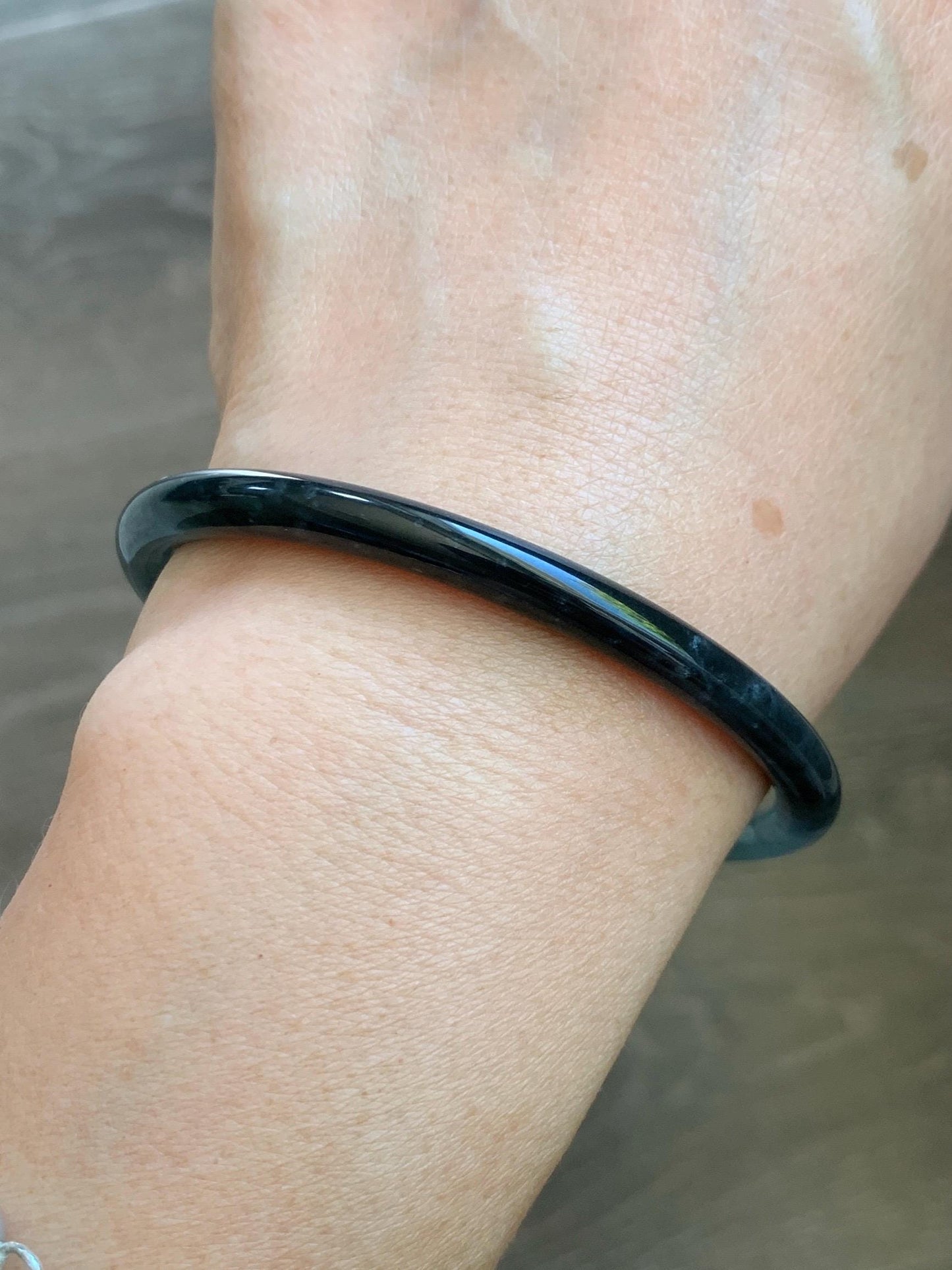 Certified Natural Grade A Guatemalan Icy Translucent Dusty Teal Green Wuji Jade Jadeite Slim Bangle 58.8 7.27” 16.5g 天然冰胶危蓝绿乌鸡翡翠细圆条手镯 1178