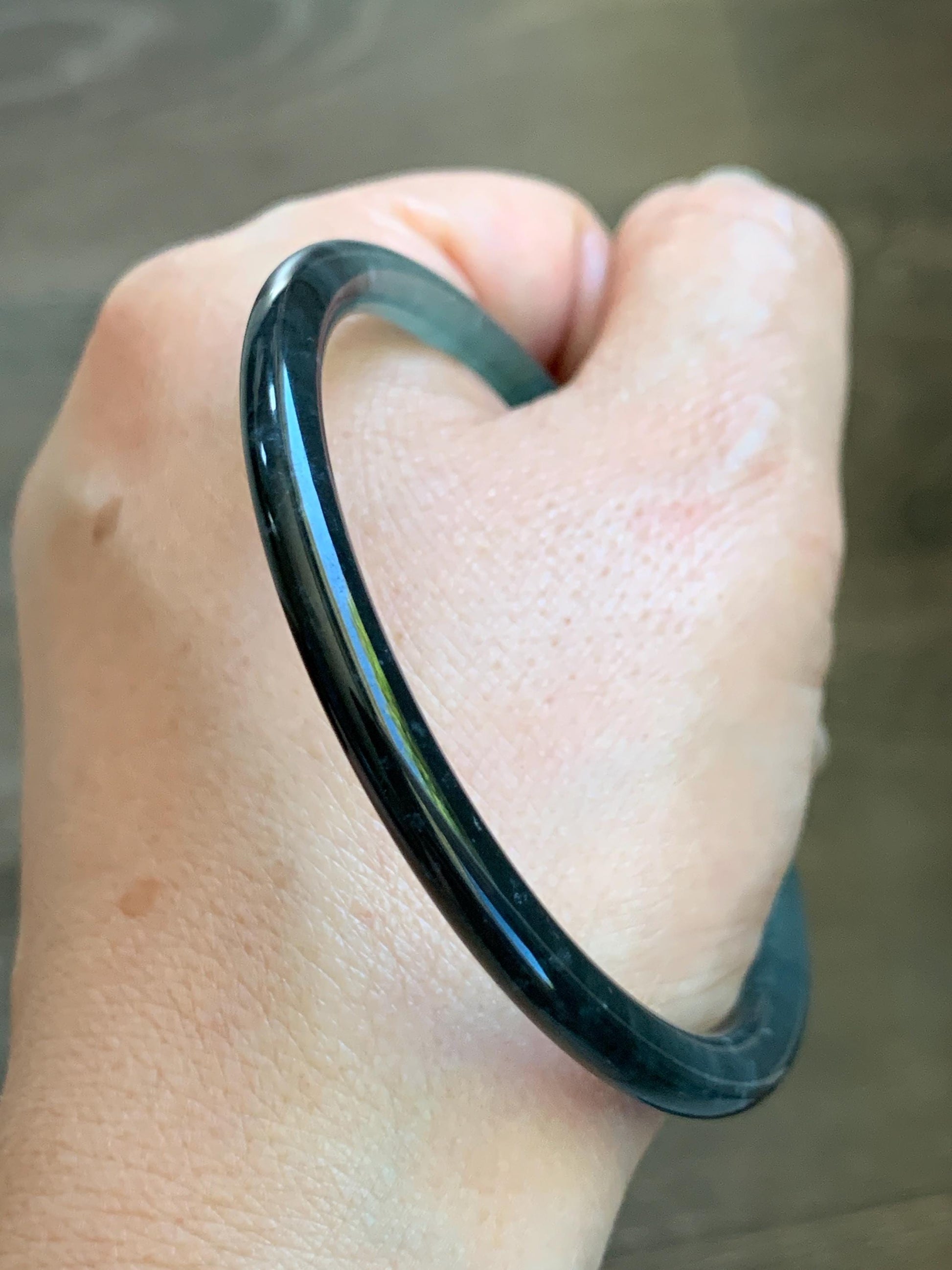 Certified Natural Grade A Guatemalan Icy Translucent Dusty Teal Green Wuji Jade Jadeite Slim Bangle 58.8 7.27” 16.5g 天然冰胶危蓝绿乌鸡翡翠细圆条手镯 1178