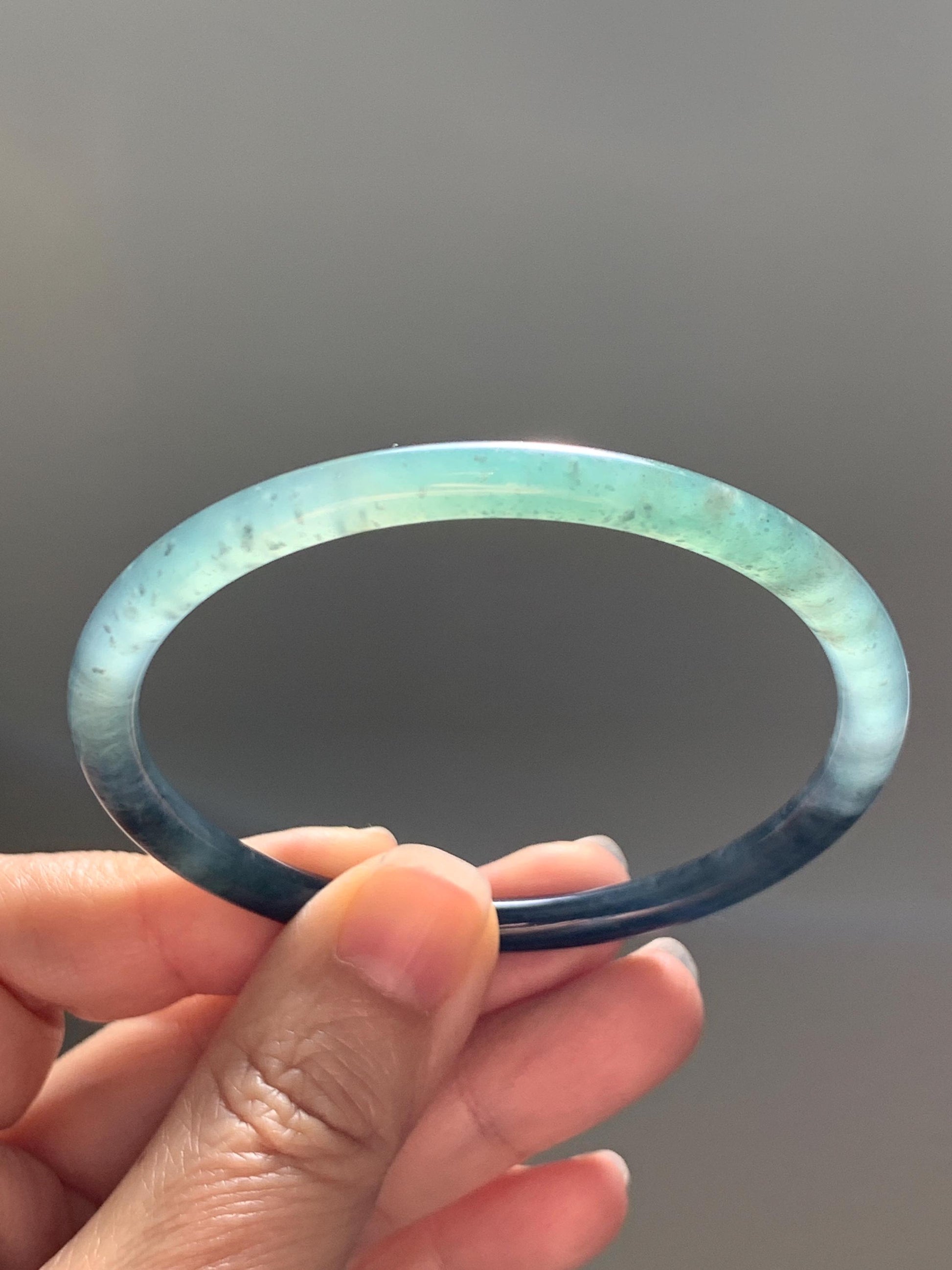 Certified Natural Grade A Guatemalan Icy Translucent Dusty Teal Green Wuji Jade Jadeite Slim Bangle 58.8 7.27” 16.5g 天然冰胶危蓝绿乌鸡翡翠细圆条手镯 1178