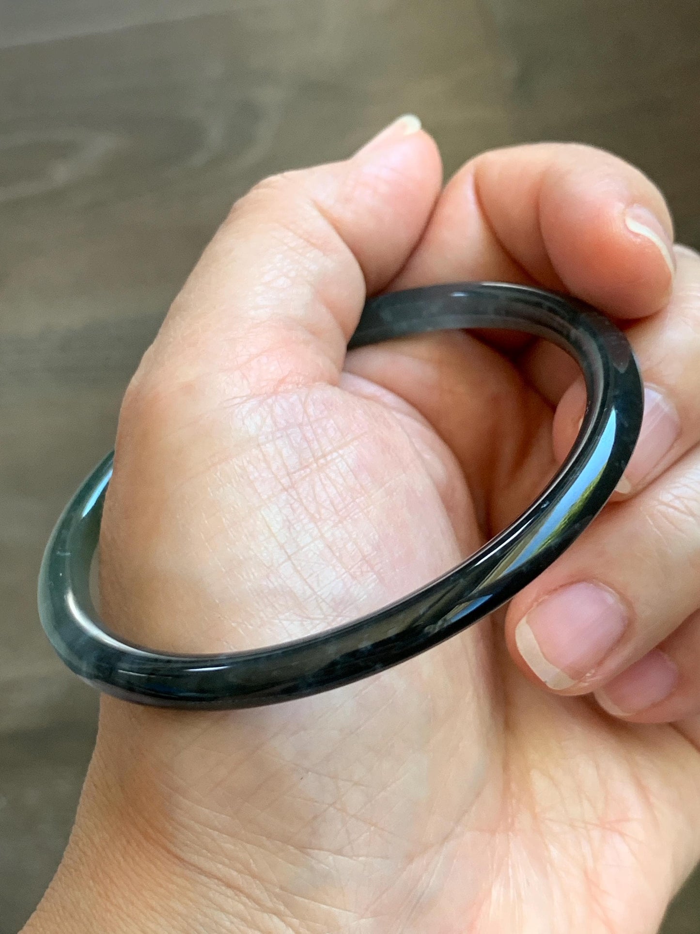 Certified Natural Grade A Guatemalan Icy Translucent Dusty Teal Green Wuji Jade Jadeite Slim Bangle 58.8 7.27” 16.5g 天然冰胶危蓝绿乌鸡翡翠细圆条手镯 1178