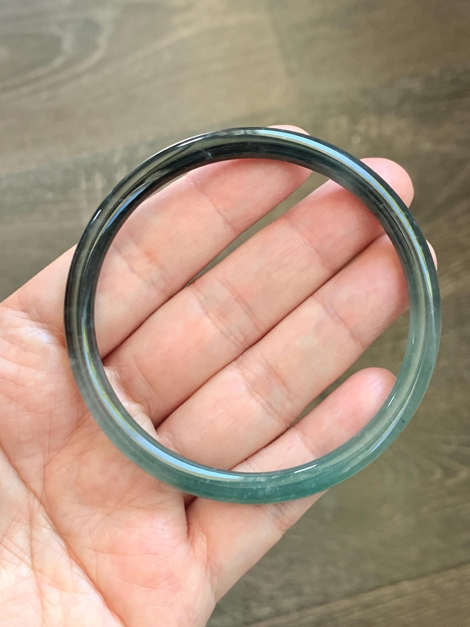 Certified Natural Grade A Guatemalan Icy Translucent Dusty Teal Green Wuji Jade Jadeite Slim Bangle 58.8 7.27” 16.5g 天然冰胶危蓝绿乌鸡翡翠细圆条手镯 1178