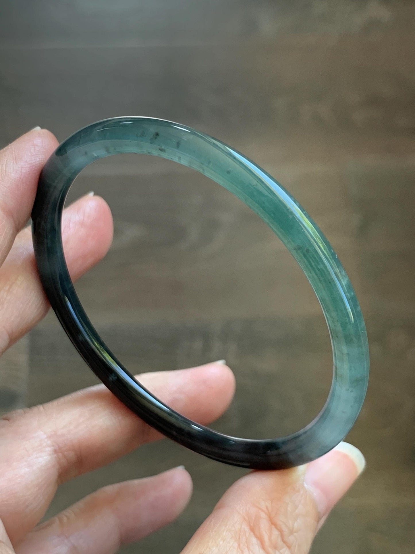 Certified Natural Grade A Guatemalan Icy Translucent Dusty Teal Green Wuji Jade Jadeite Slim Bangle 58.8 7.27” 16.5g 天然冰胶危蓝绿乌鸡翡翠细圆条手镯 1178