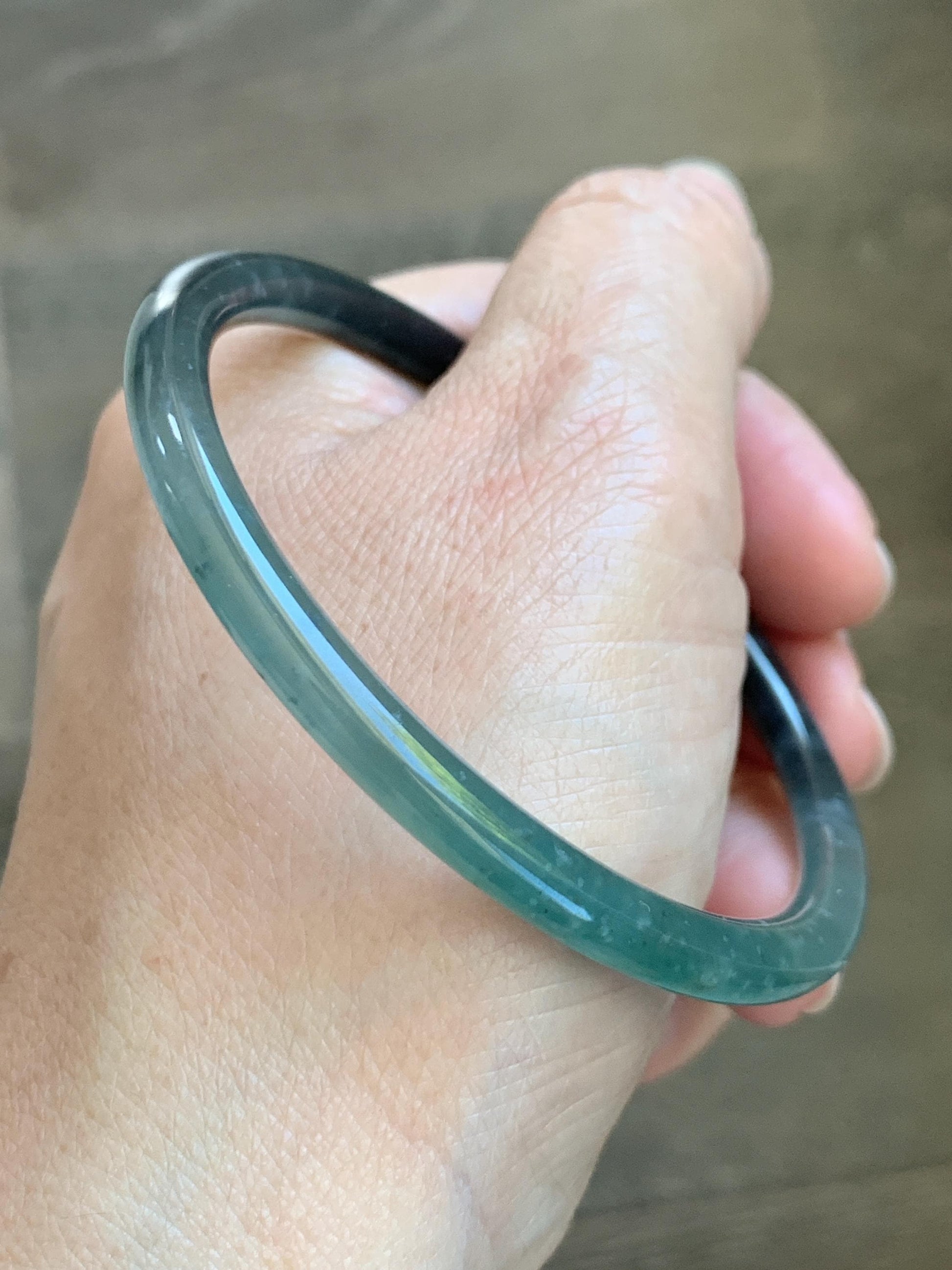 Certified Natural Grade A Guatemalan Icy Translucent Dusty Teal Green Wuji Jade Jadeite Slim Bangle 58.8 7.27” 16.5g 天然冰胶危蓝绿乌鸡翡翠细圆条手镯 1178