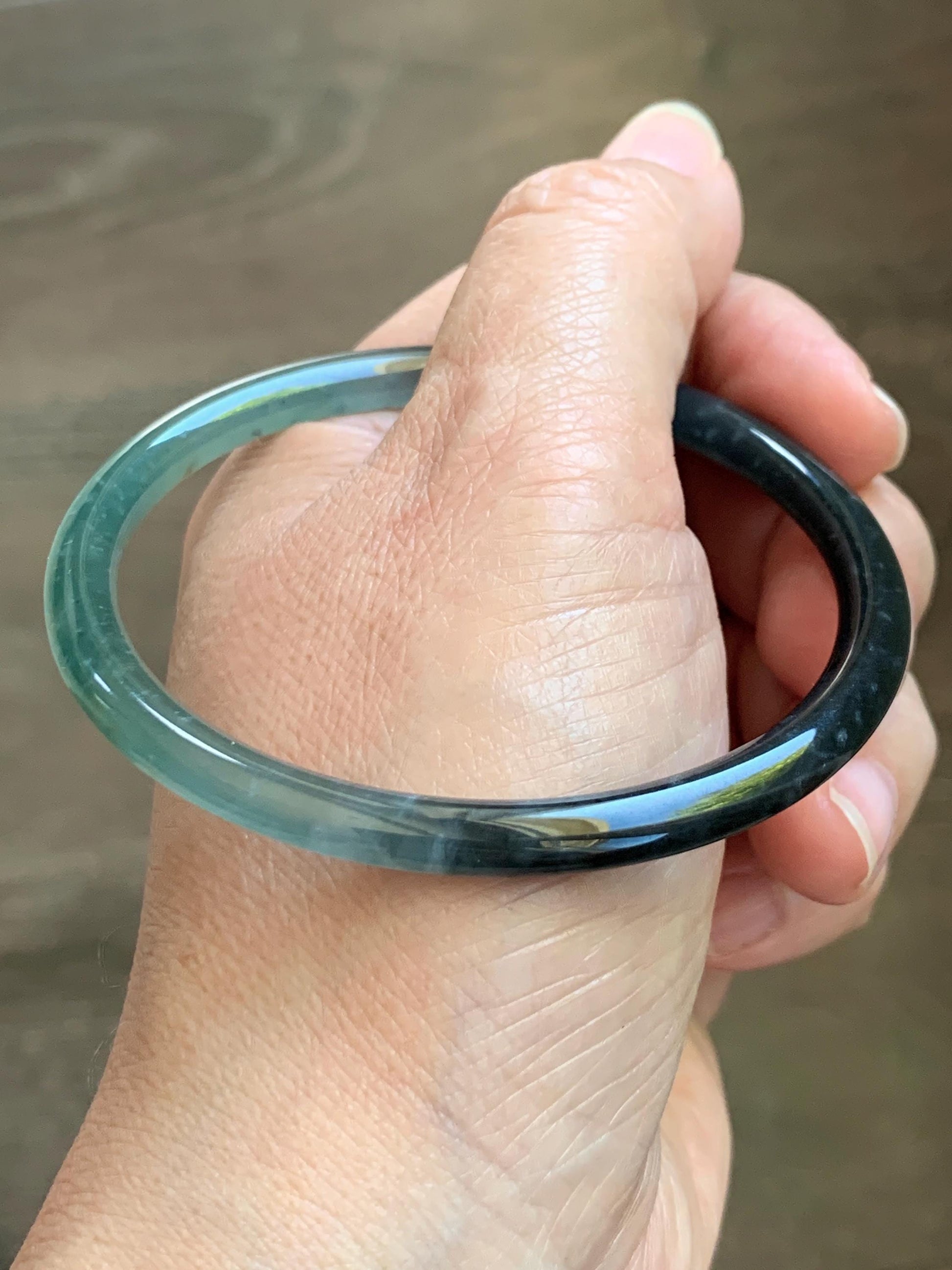 Certified Natural Grade A Guatemalan Icy Translucent Dusty Teal Green Wuji Jade Jadeite Slim Bangle 58.8 7.27” 16.5g 天然冰胶危蓝绿乌鸡翡翠细圆条手镯 1178
