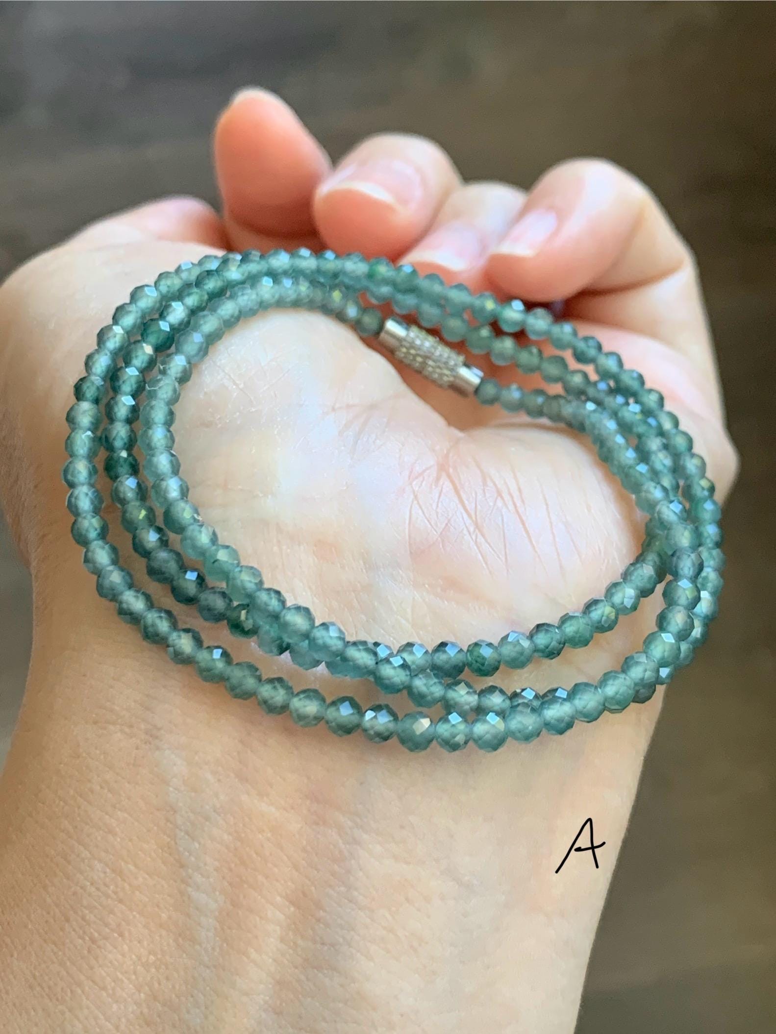 Petite Natural Guatemalan Grade A Icy Highly Translucent Teal Blue Faceted Jade Jadeite Beads Beaded Necklace 3mm 20" 天然冰危蓝翡翠切割小圆珠项链 WPQ560