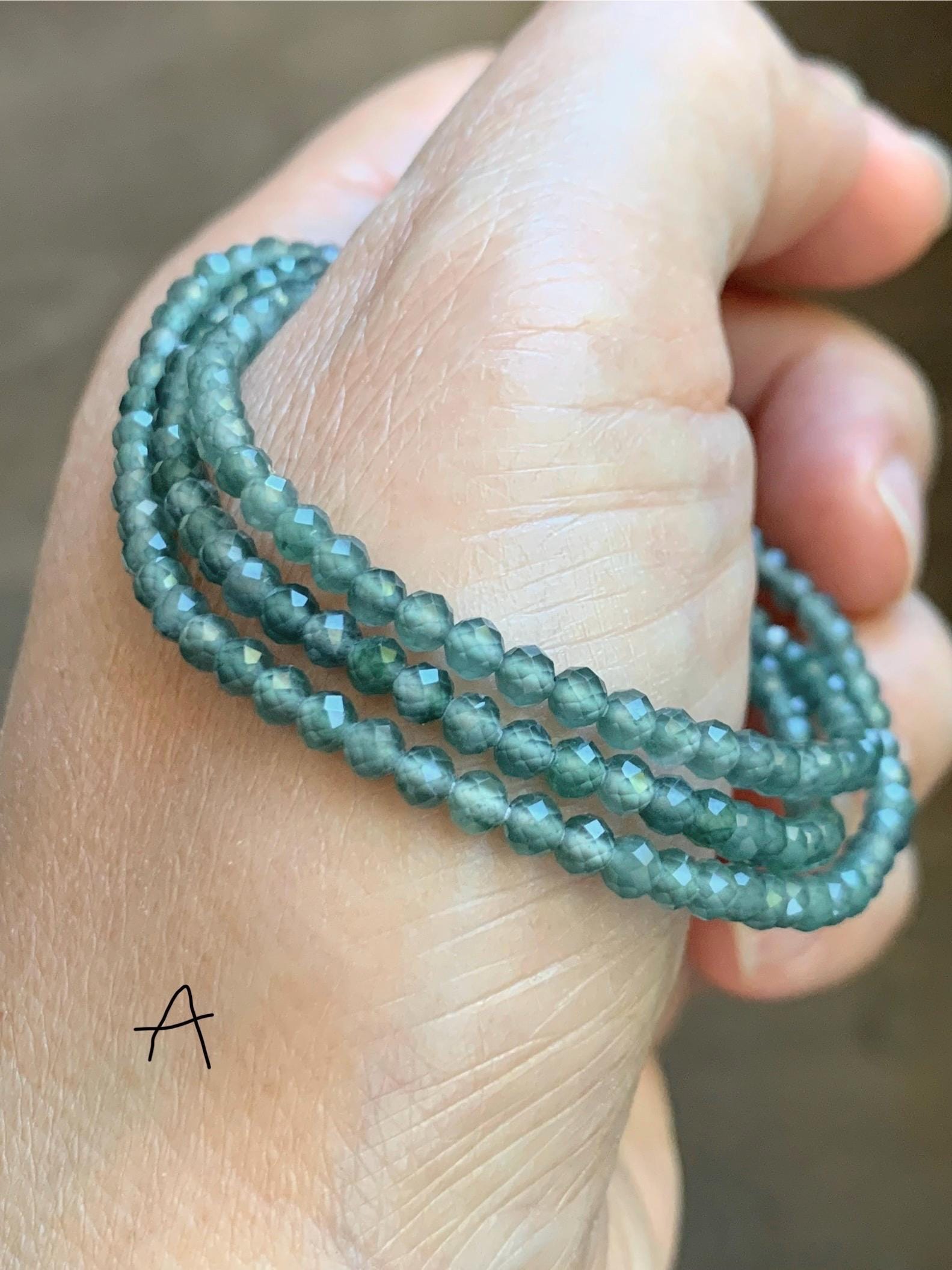 Petite Natural Guatemalan Grade A Icy Highly Translucent Teal Blue Faceted Jade Jadeite Beads Beaded Necklace 3mm 20" 天然冰危蓝翡翠切割小圆珠项链 WPQ560
