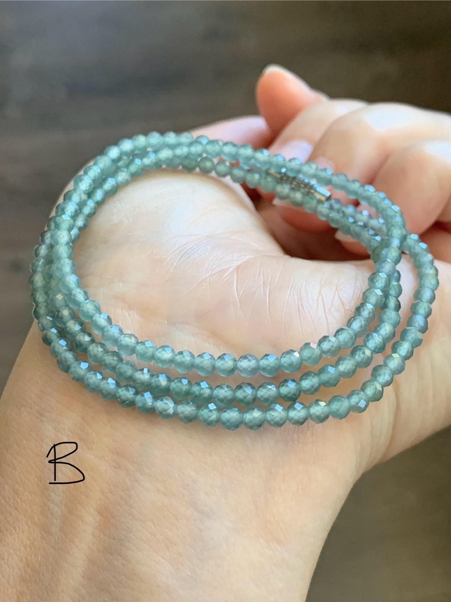 Petite Natural Guatemalan Grade A Icy Highly Translucent Teal Blue Faceted Jade Jadeite Beads Beaded Necklace 3mm 20" 天然冰危蓝翡翠切割小圆珠项链 WPQ560