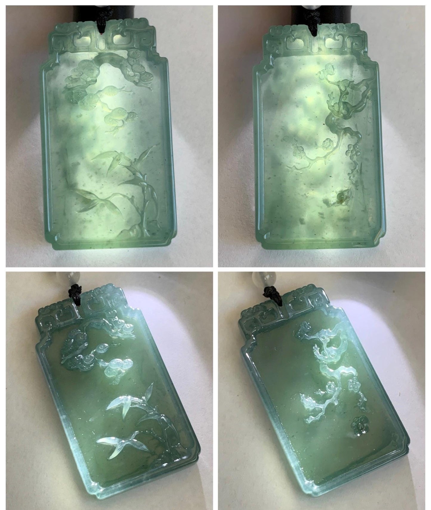 Certified Natural Grade A Guatemalan Icy Dusty Teal Blue Jade Jadeite Bamboo Cherry Blossom Pendant Rope Necklace 26” 22g 天然冰危蓝翡翠竹节梅花吊坠 450
