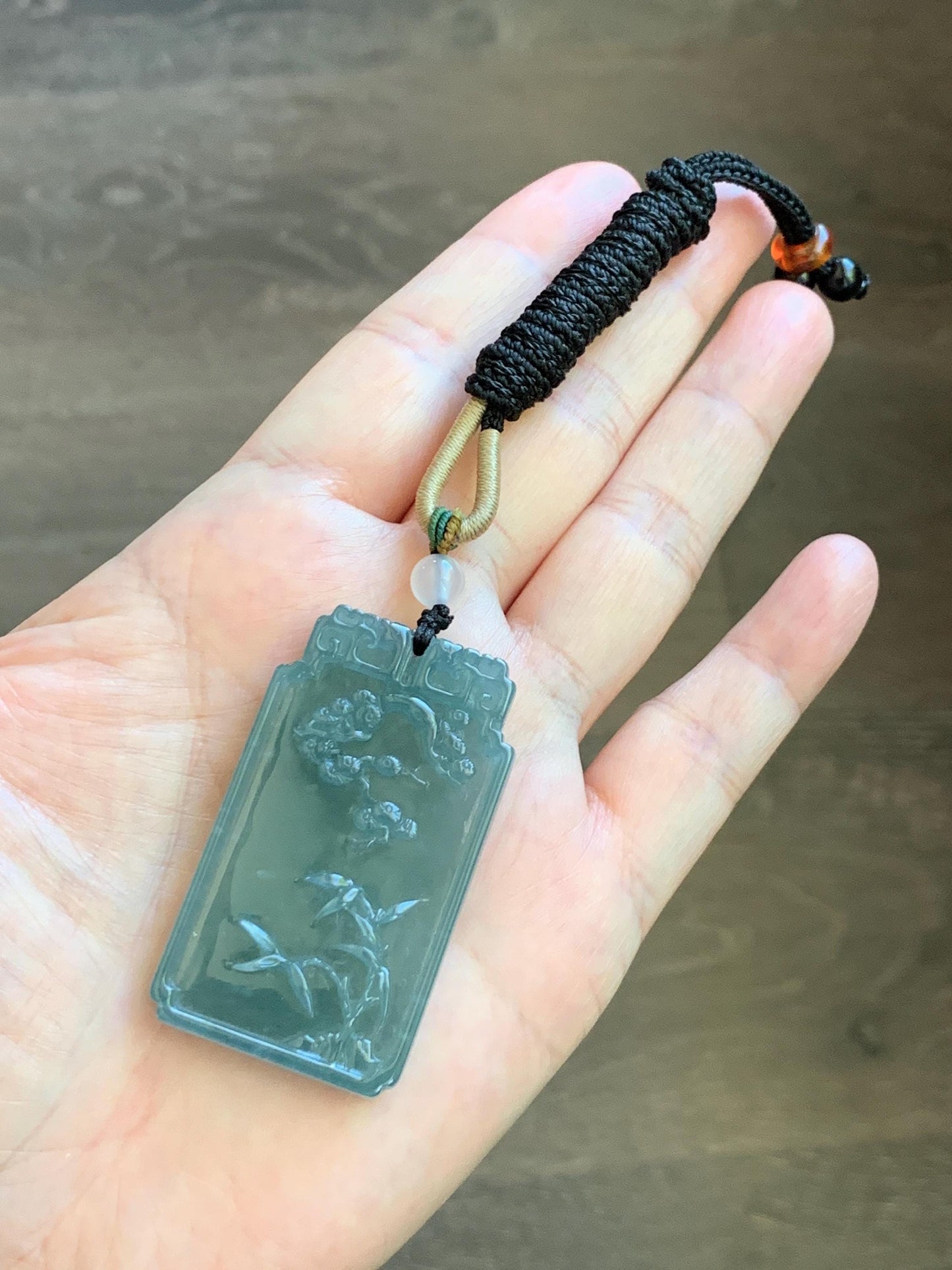 Certified Natural Grade A Guatemalan Icy Dusty Teal Blue Jade Jadeite Bamboo Cherry Blossom Pendant Rope Necklace 26” 22g 天然冰危蓝翡翠竹节梅花吊坠 450