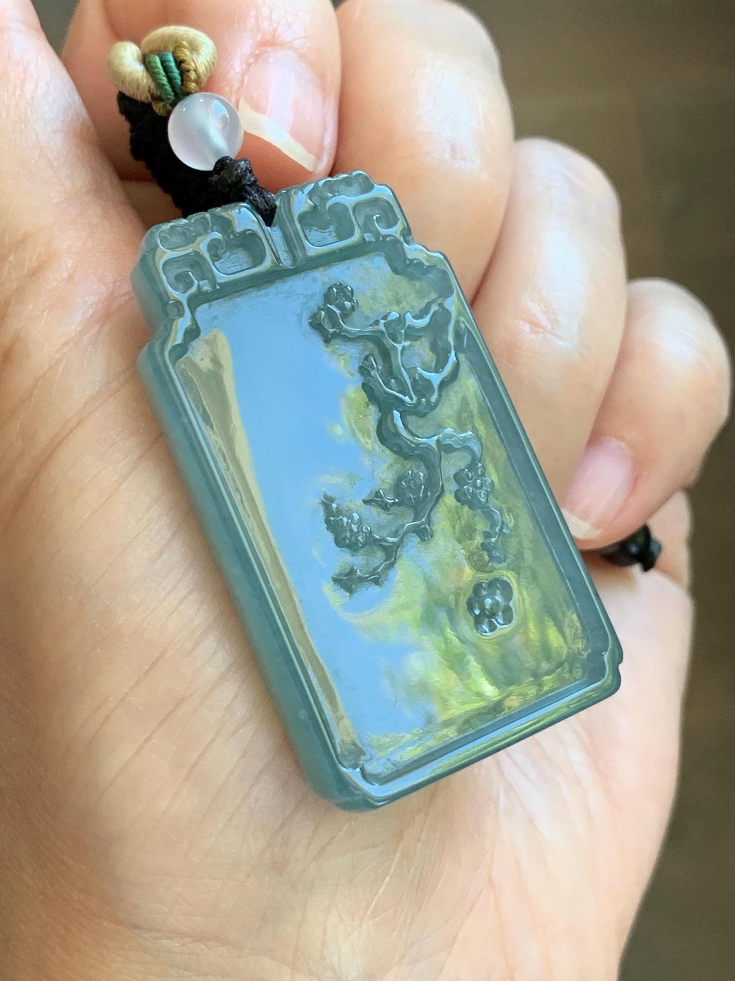 Certified Natural Grade A Guatemalan Icy Dusty Teal Blue Jade Jadeite Bamboo Cherry Blossom Pendant Rope Necklace 26” 22g 天然冰危蓝翡翠竹节梅花吊坠 450