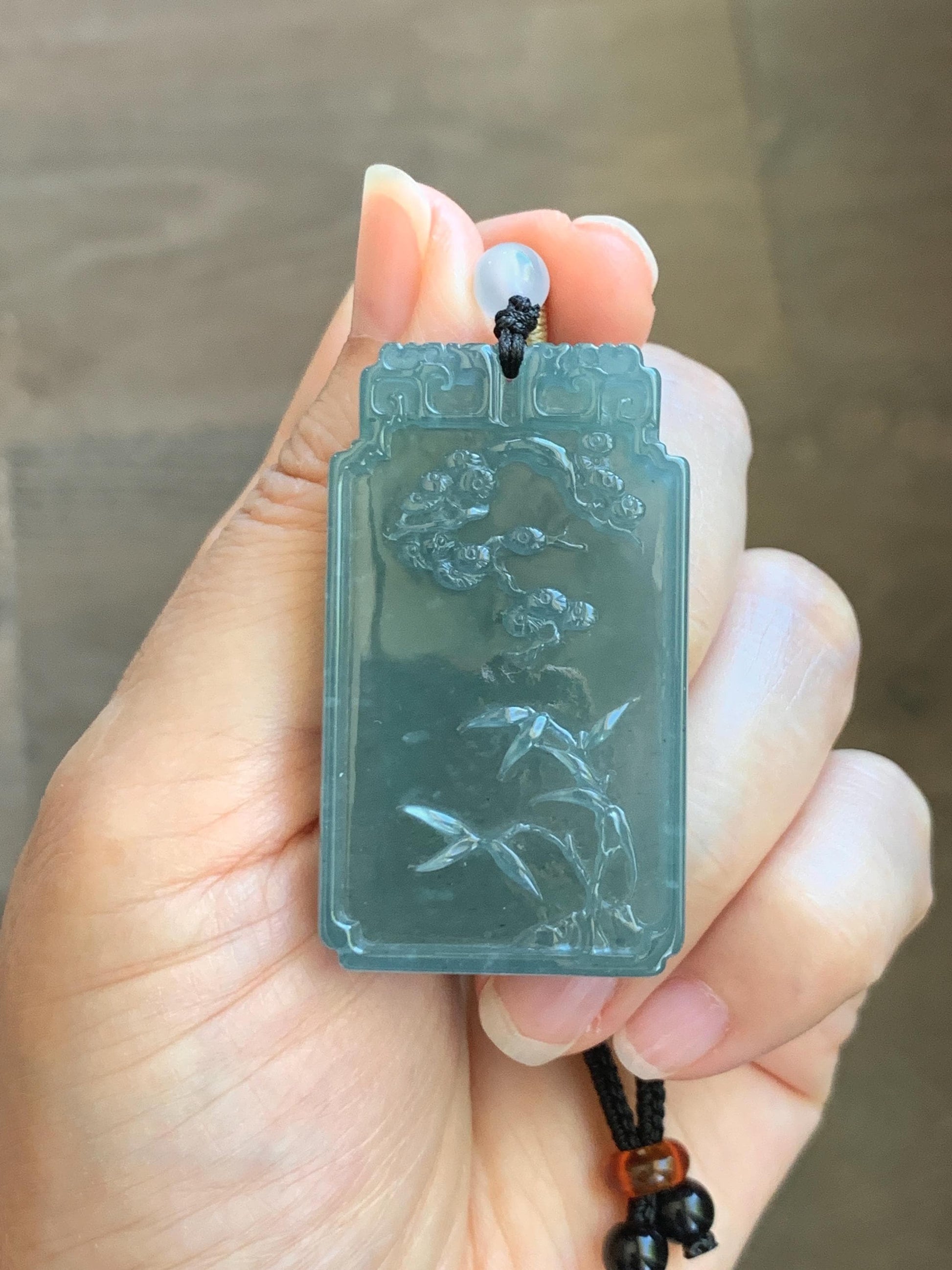 Certified Natural Grade A Guatemalan Icy Dusty Teal Blue Jade Jadeite Bamboo Cherry Blossom Pendant Rope Necklace 26” 22g 天然冰危蓝翡翠竹节梅花吊坠 450