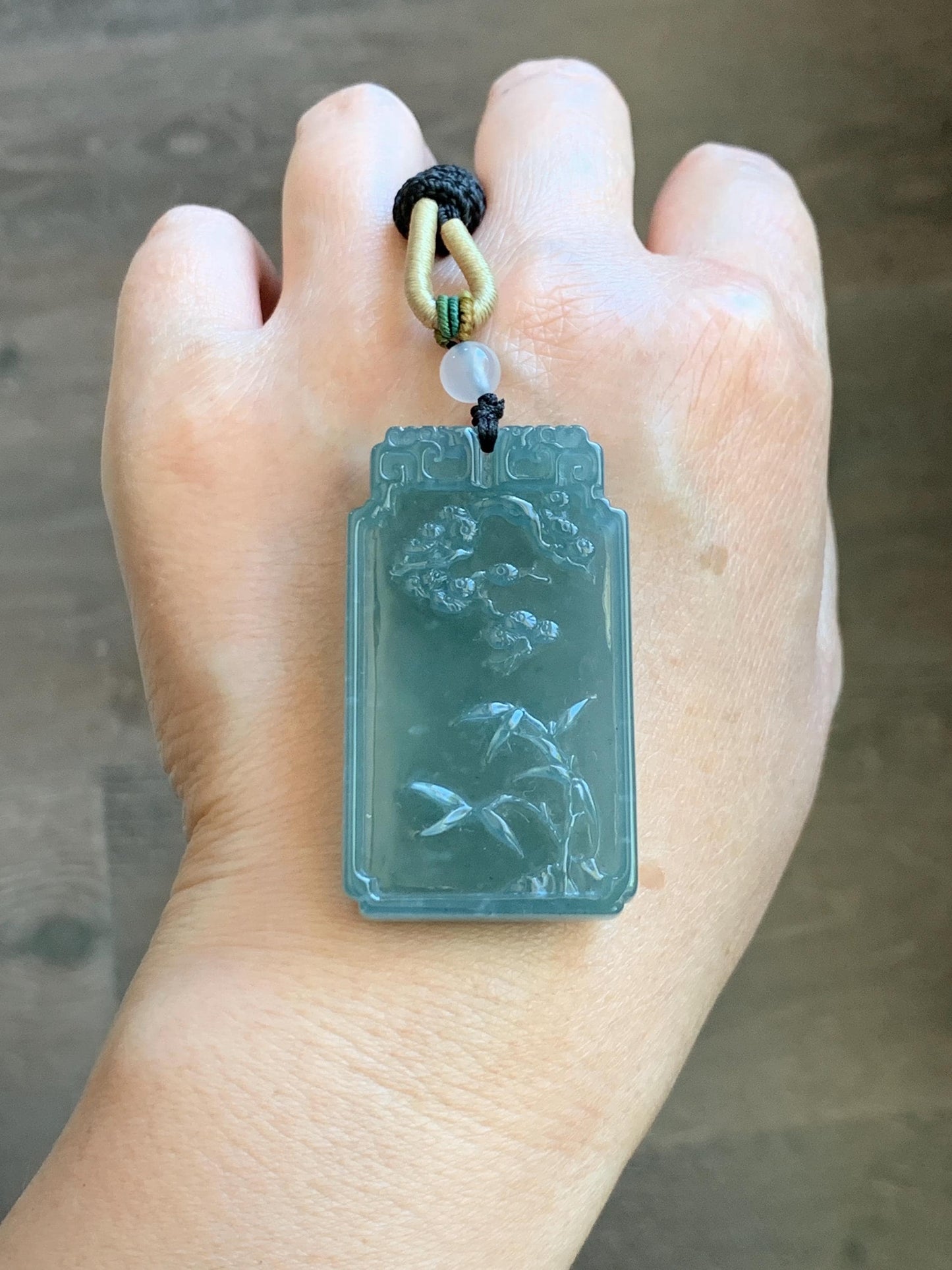 Certified Natural Grade A Guatemalan Icy Dusty Teal Blue Jade Jadeite Bamboo Cherry Blossom Pendant Rope Necklace 26” 22g 天然冰危蓝翡翠竹节梅花吊坠 450