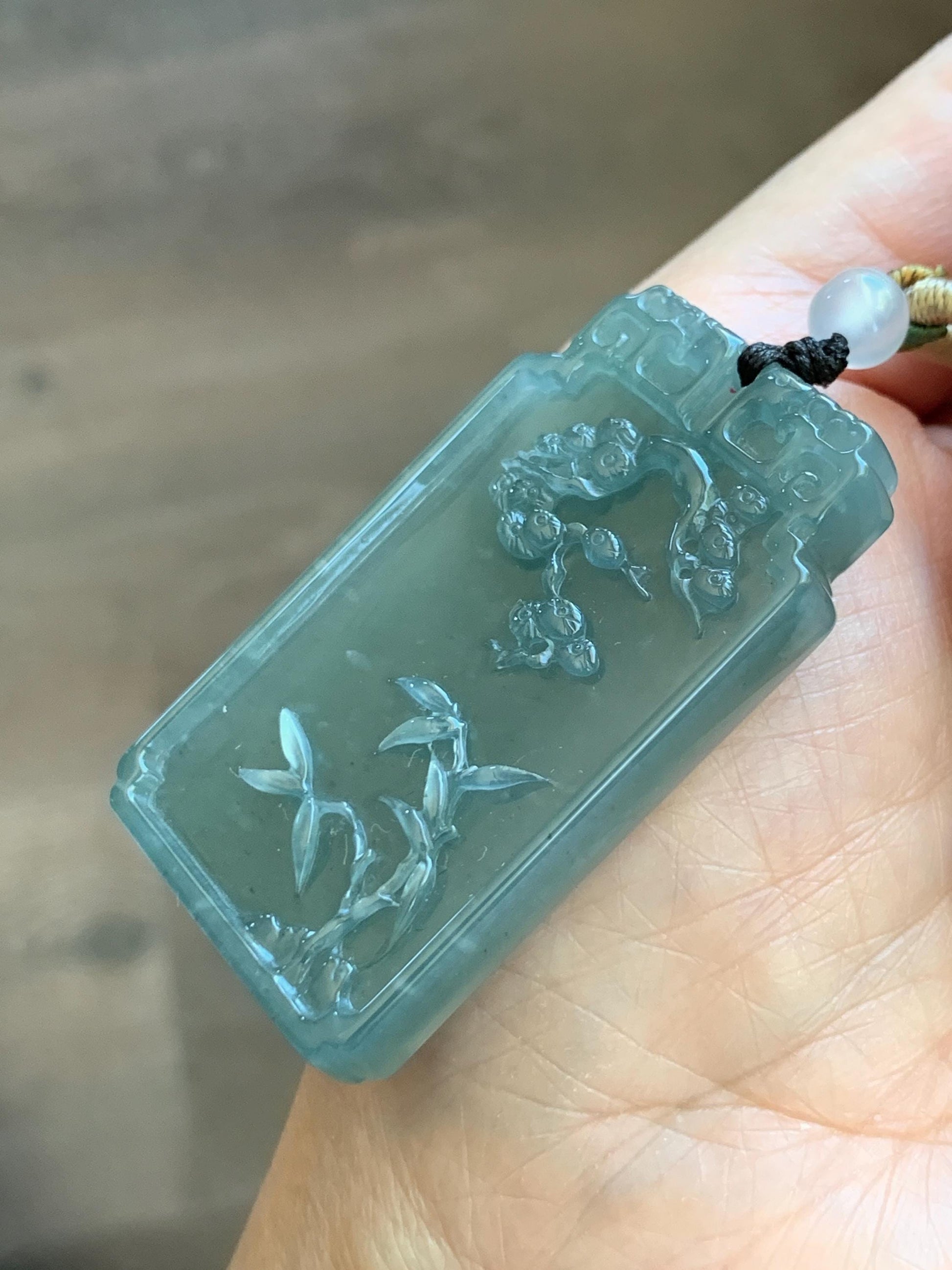 Certified Natural Grade A Guatemalan Icy Dusty Teal Blue Jade Jadeite Bamboo Cherry Blossom Pendant Rope Necklace 26” 22g 天然冰危蓝翡翠竹节梅花吊坠 450