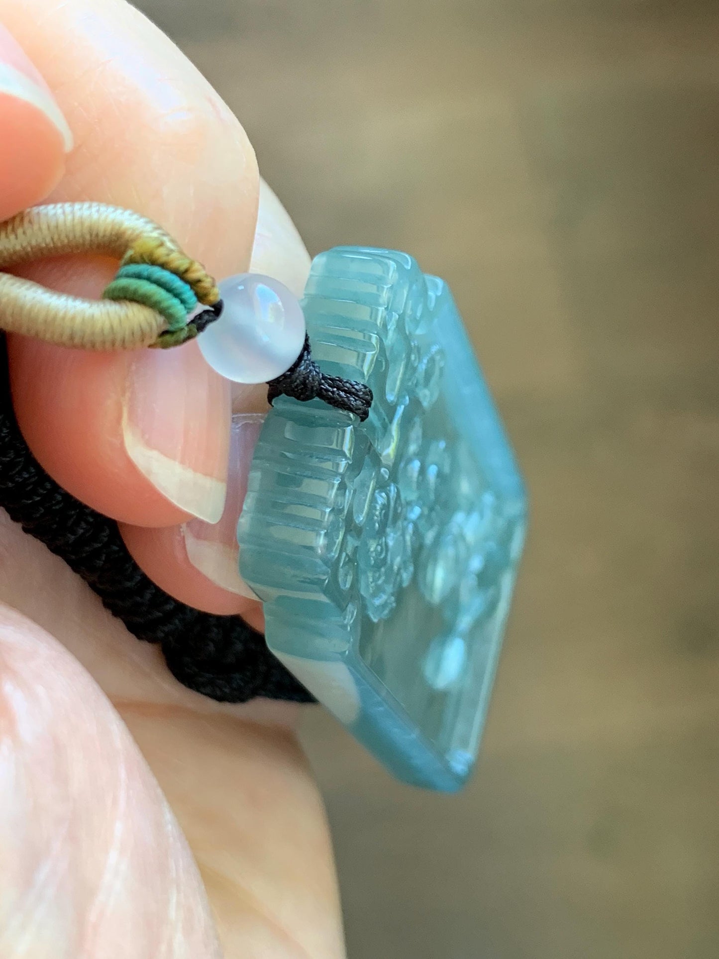 Certified Natural Grade A Guatemalan Icy Dusty Teal Blue Jade Jadeite Bamboo Cherry Blossom Pendant Rope Necklace 26” 22g 天然冰危蓝翡翠竹节梅花吊坠 450