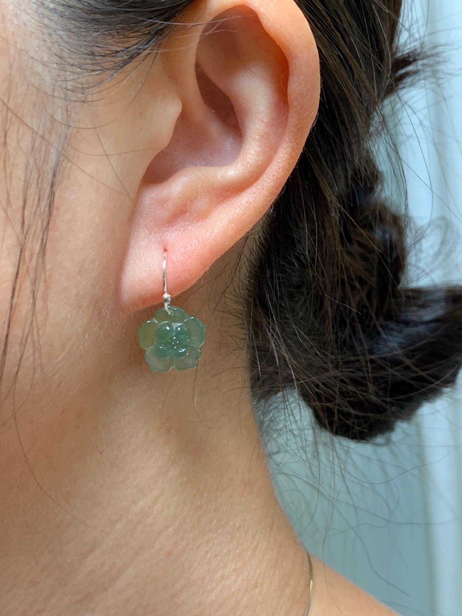 Natural Grade A Guatemalan Icy Translucent Teal Blue Yellow Marbled Jade Jadeite Lotus Flower Earrings Sterling Silver 天然冰危蓝翡翠莲花耳钩 WLG88C
