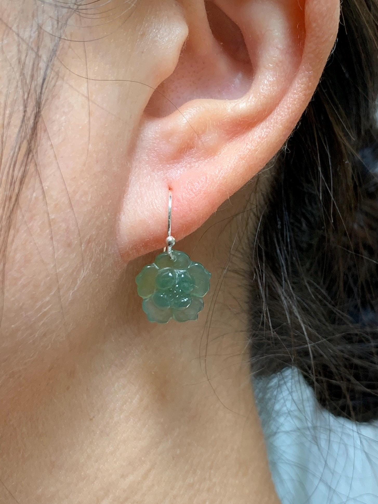Natural Grade A Guatemalan Icy Translucent Teal Blue Yellow Marbled Jade Jadeite Lotus Flower Earrings Sterling Silver 天然冰危蓝翡翠莲花耳钩 WLG88C
