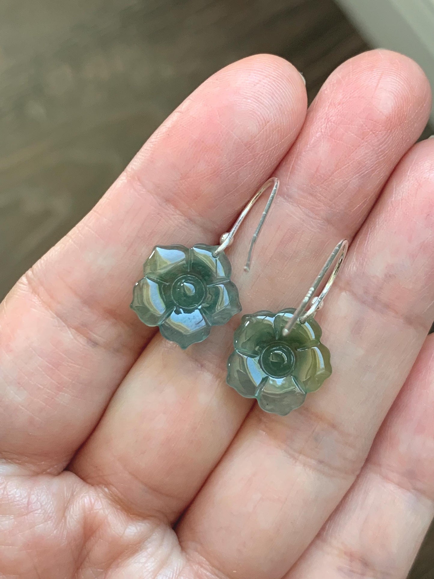 Natural Grade A Guatemalan Icy Translucent Teal Blue Yellow Marbled Jade Jadeite Lotus Flower Earrings Sterling Silver 天然冰危蓝翡翠莲花耳钩 WLG88C