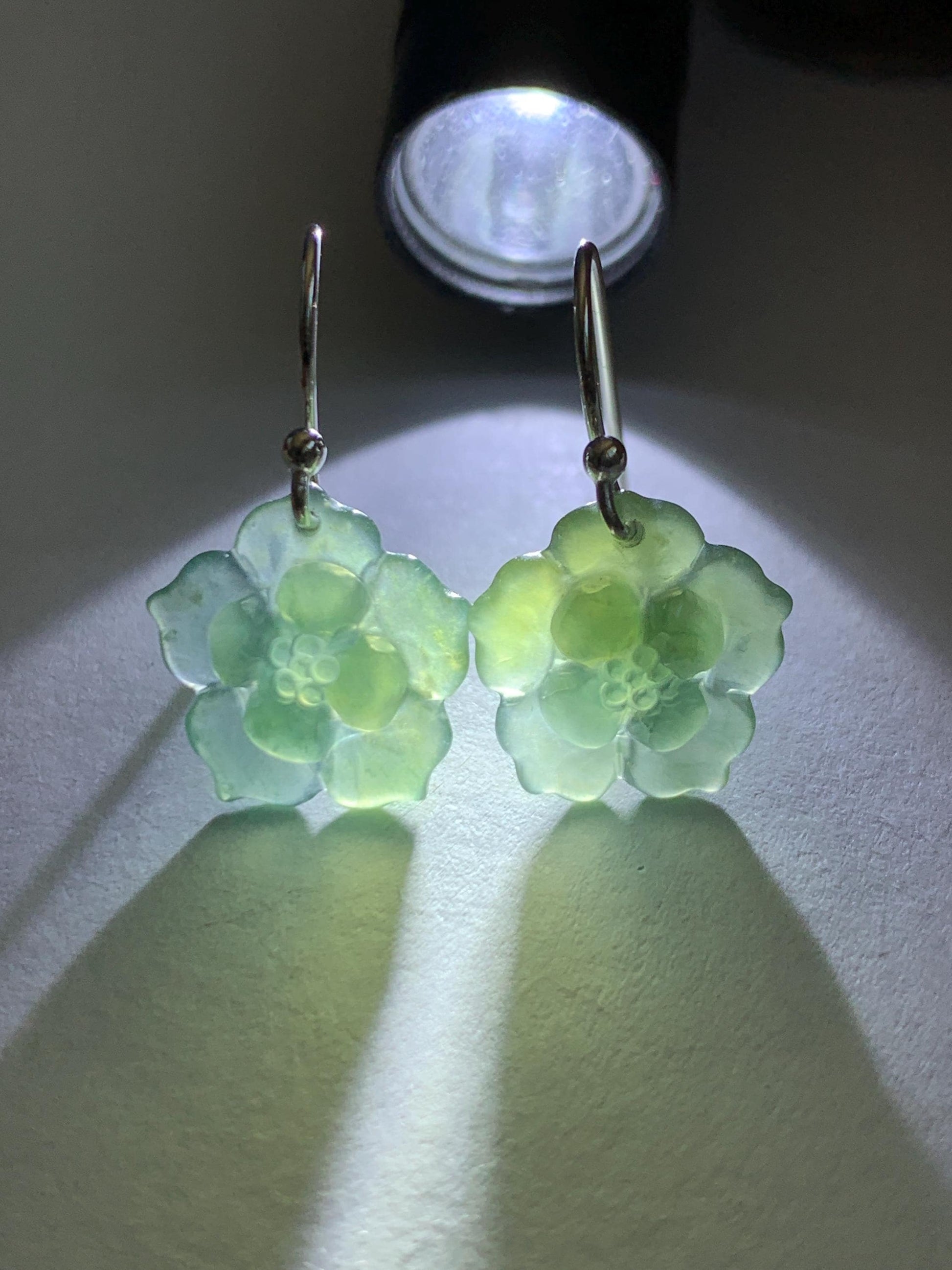 Natural Grade A Guatemalan Icy Translucent Teal Blue Yellow Marbled Jade Jadeite Lotus Flower Earrings Sterling Silver 天然冰危蓝翡翠莲花耳钩 WLG88C