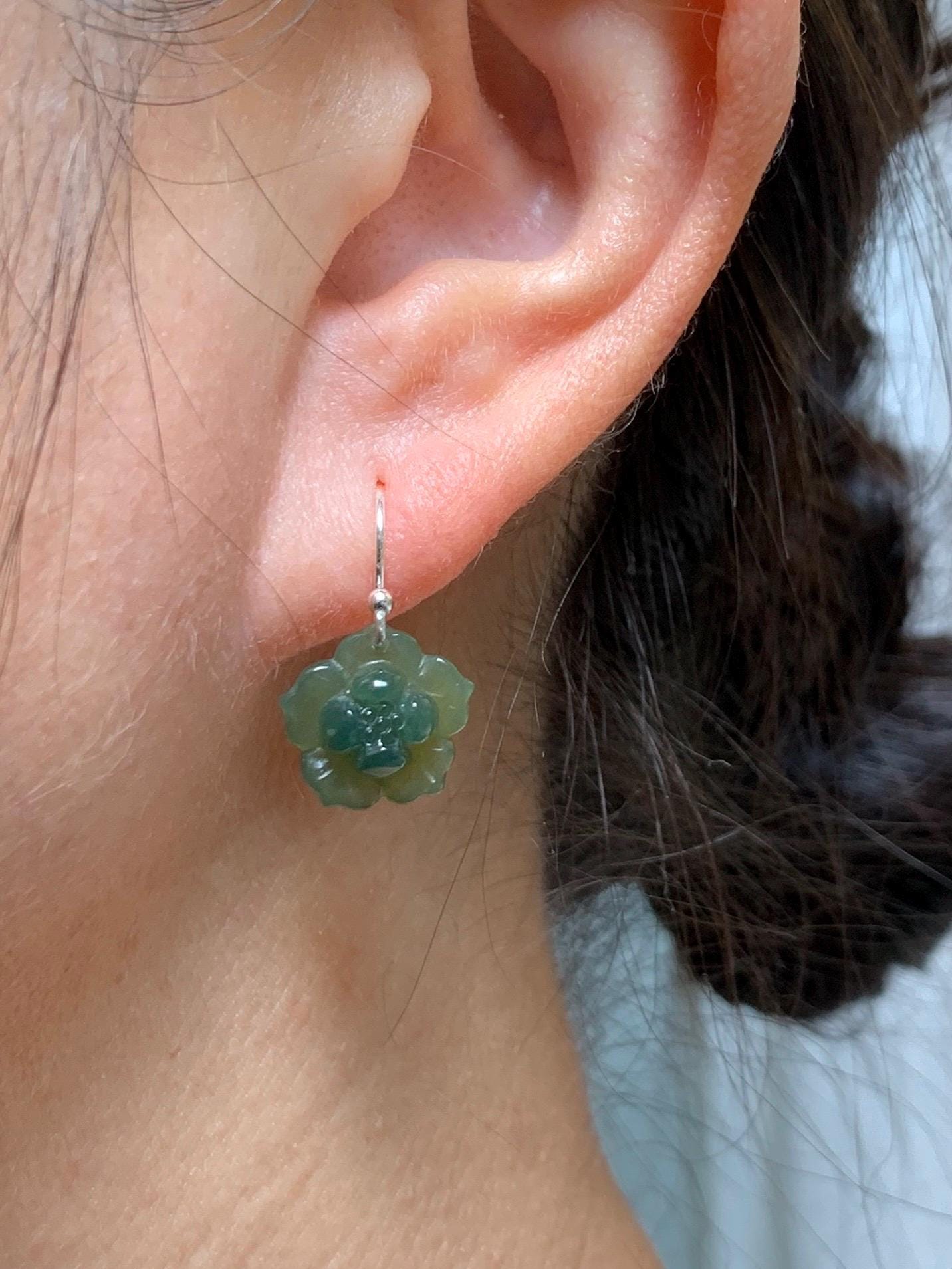 Natural Grade A Guatemalan Icy Translucent Teal Green Yellow Marbled Jade Jadeite Lotus Flower Earrings Sterling Silver 天然冰危蓝绿翡翠莲花耳钩 WLG88B