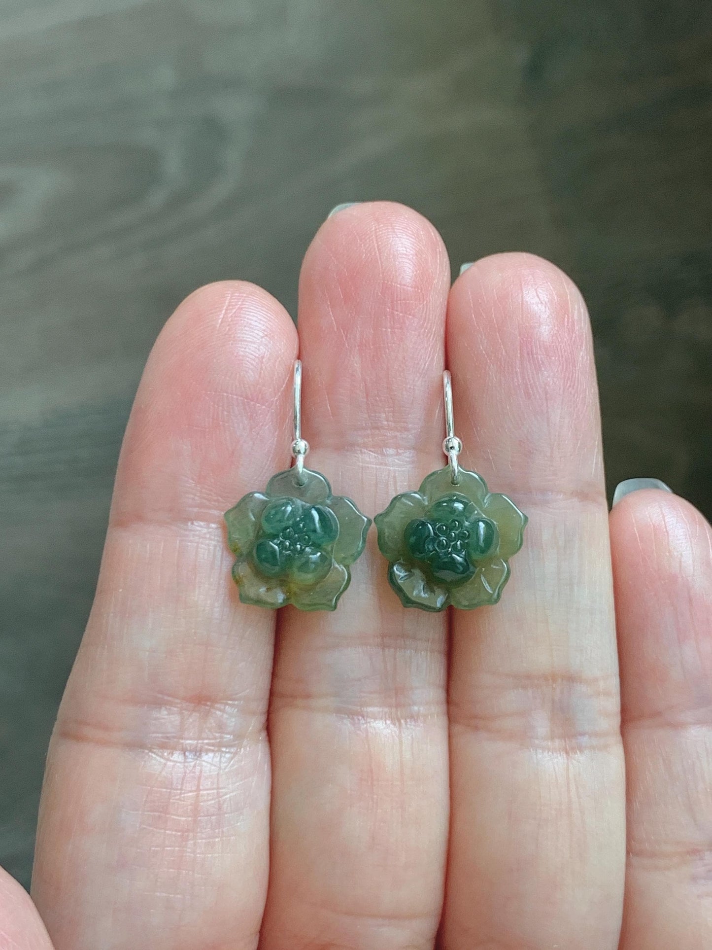 Natural Grade A Guatemalan Icy Translucent Teal Green Yellow Marbled Jade Jadeite Lotus Flower Earrings Sterling Silver 天然冰危蓝绿翡翠莲花耳钩 WLG88B