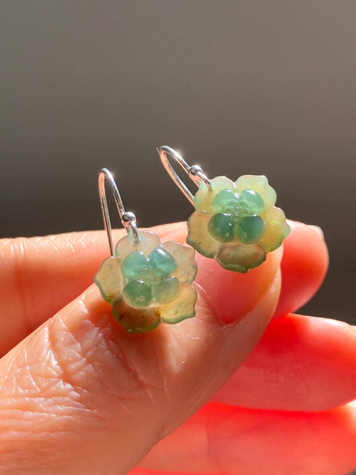 Natural Grade A Guatemalan Icy Translucent Teal Green Yellow Marbled Jade Jadeite Lotus Flower Earrings Sterling Silver 天然冰危蓝绿翡翠莲花耳钩 WLG88B
