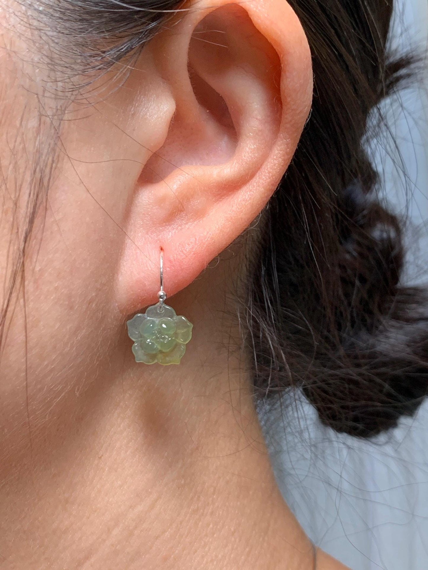 Natural Grade A Guatemalan Icy Translucent Teal Blue Yellow Marbled Jade Jadeite Lotus Flower Earrings Sterling Silver 天然冰危茶黄翡翠莲花耳钩 WLG88A