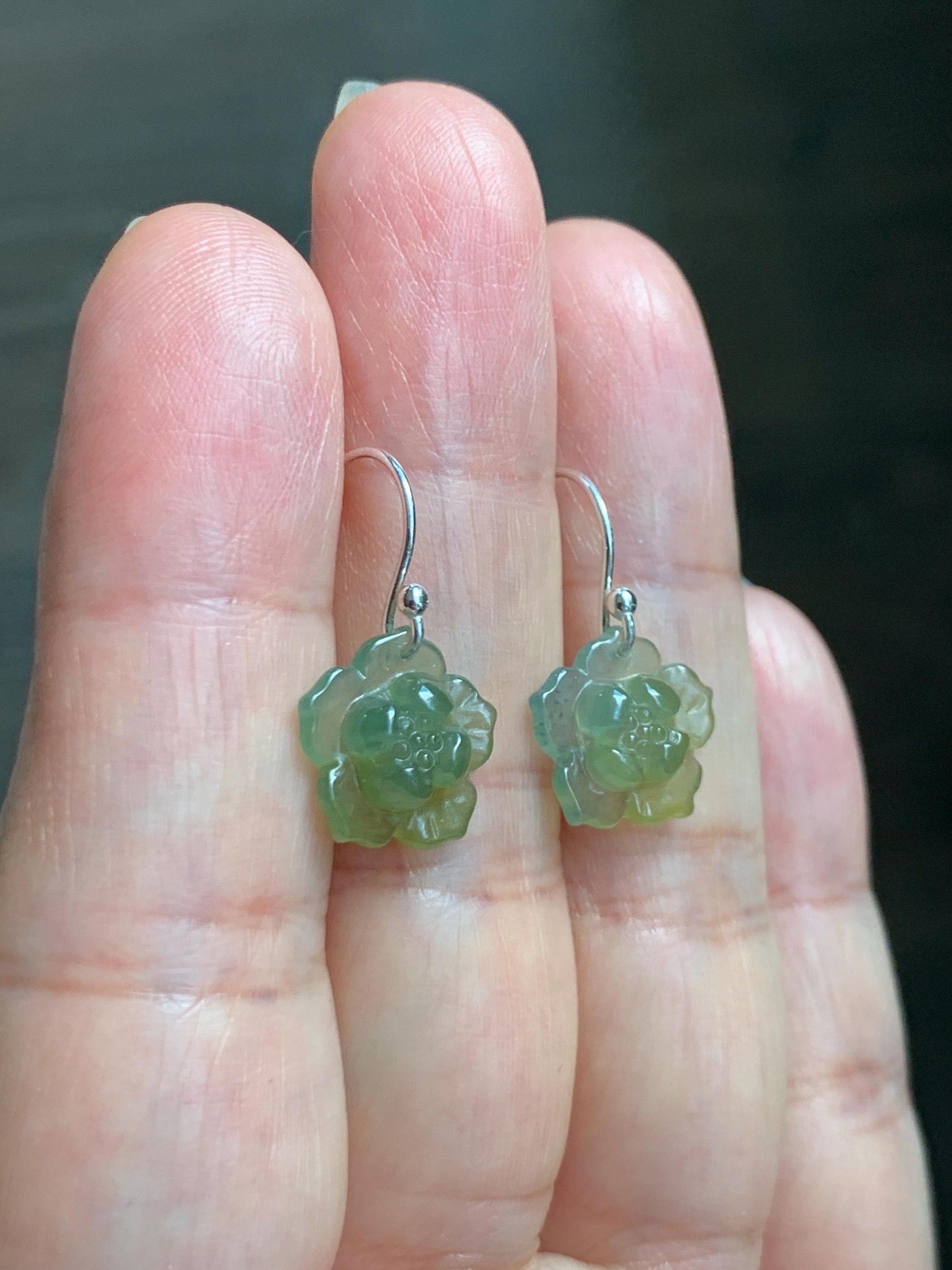 Natural Grade A Guatemalan Icy Translucent Teal Blue Yellow Marbled Jade Jadeite Lotus Flower Earrings Sterling Silver 天然冰危茶黄翡翠莲花耳钩 WLG88A