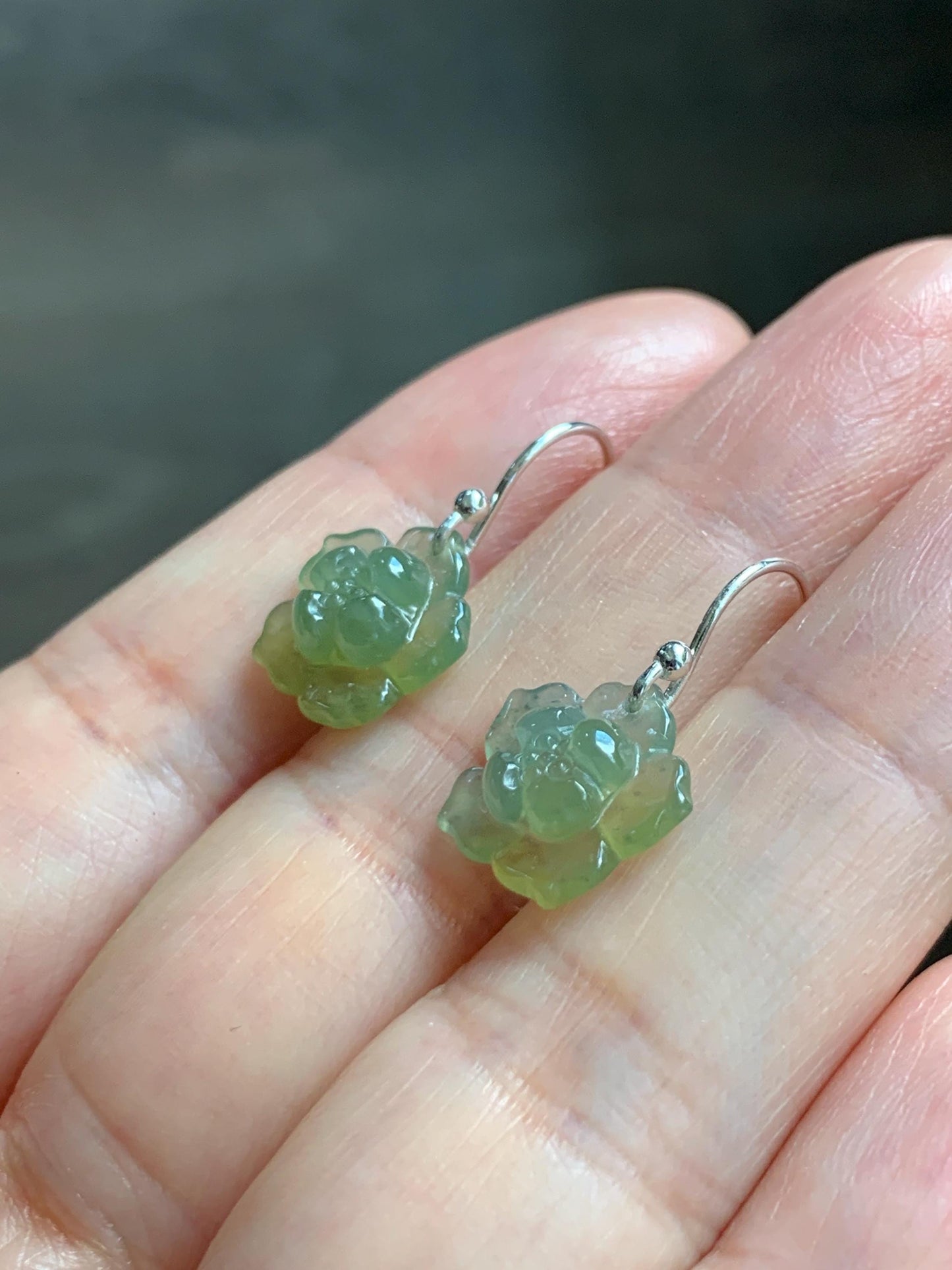 Natural Grade A Guatemalan Icy Translucent Teal Blue Yellow Marbled Jade Jadeite Lotus Flower Earrings Sterling Silver 天然冰危茶黄翡翠莲花耳钩 WLG88A