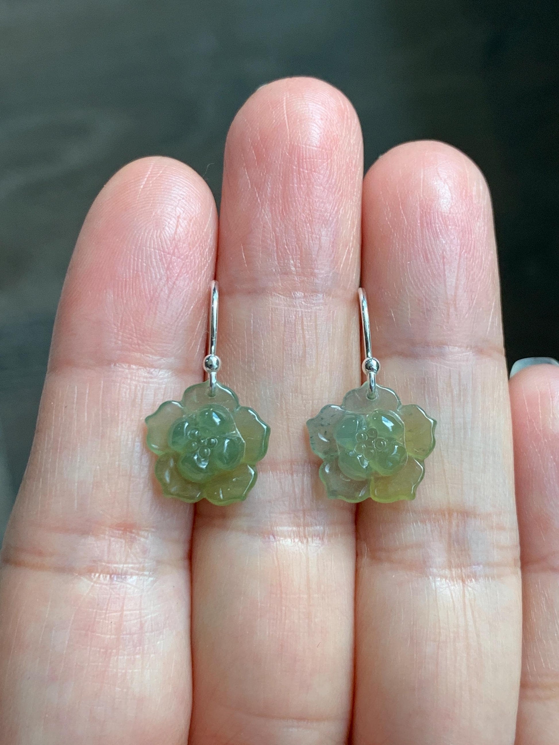 Natural Grade A Guatemalan Icy Translucent Teal Blue Yellow Marbled Jade Jadeite Lotus Flower Earrings Sterling Silver 天然冰危茶黄翡翠莲花耳钩 WLG88A
