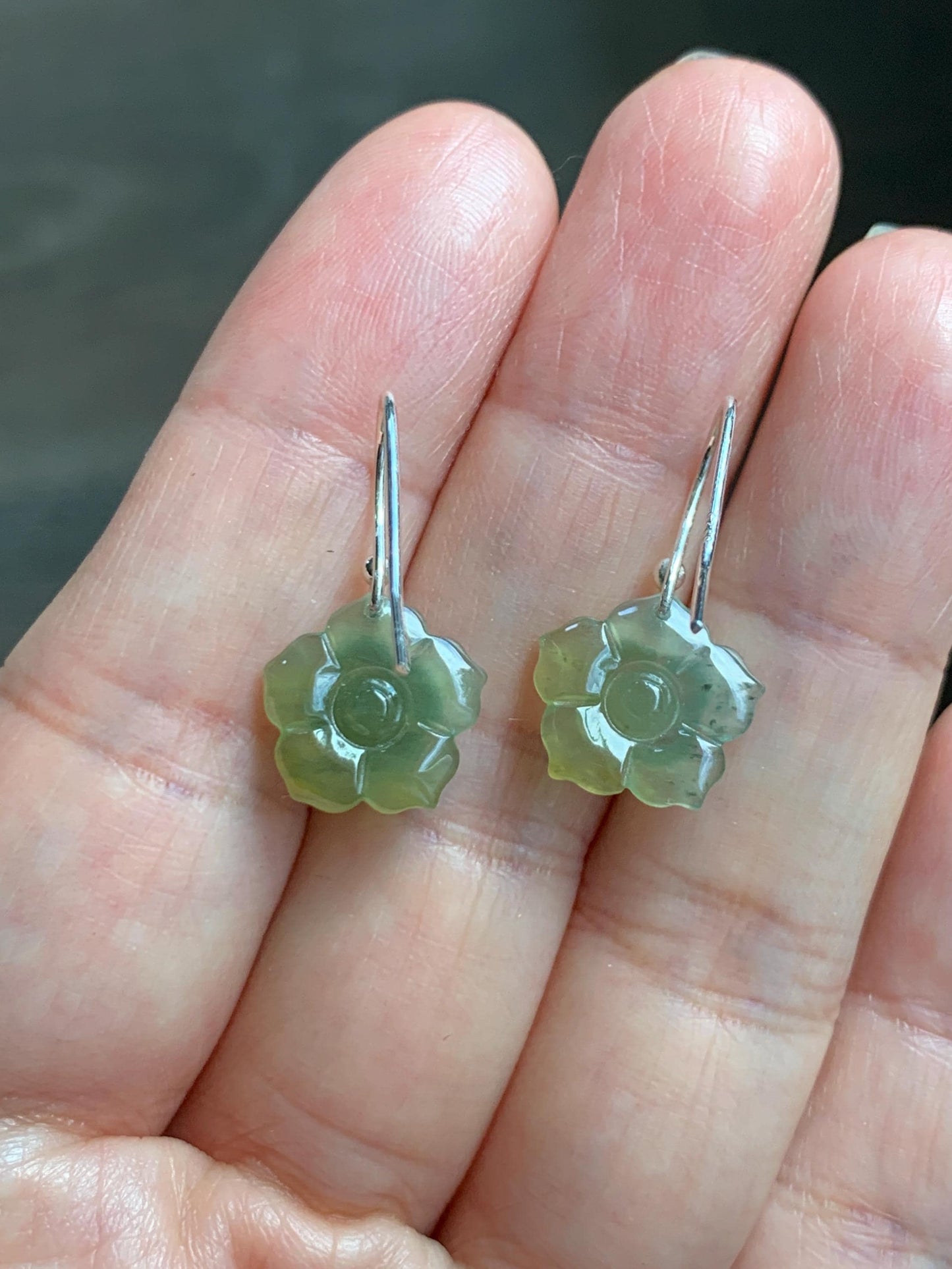 Natural Grade A Guatemalan Icy Translucent Teal Blue Yellow Marbled Jade Jadeite Lotus Flower Earrings Sterling Silver 天然冰危茶黄翡翠莲花耳钩 WLG88A