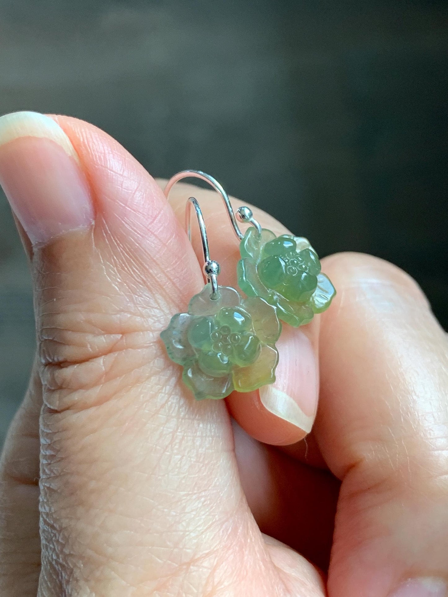 Natural Grade A Guatemalan Icy Translucent Teal Blue Yellow Marbled Jade Jadeite Lotus Flower Earrings Sterling Silver 天然冰危茶黄翡翠莲花耳钩 WLG88A