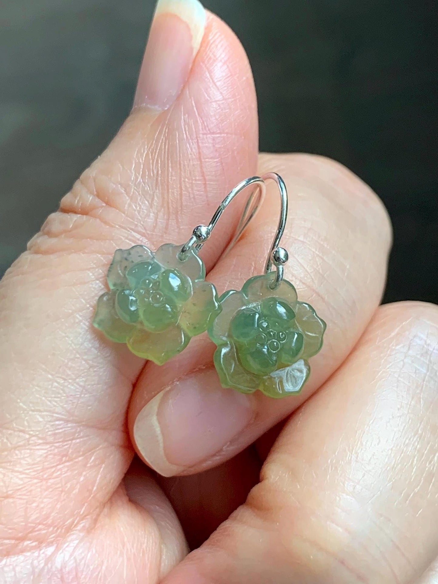Natural Grade A Guatemalan Icy Translucent Teal Blue Yellow Marbled Jade Jadeite Lotus Flower Earrings Sterling Silver 天然冰危茶黄翡翠莲花耳钩 WLG88A