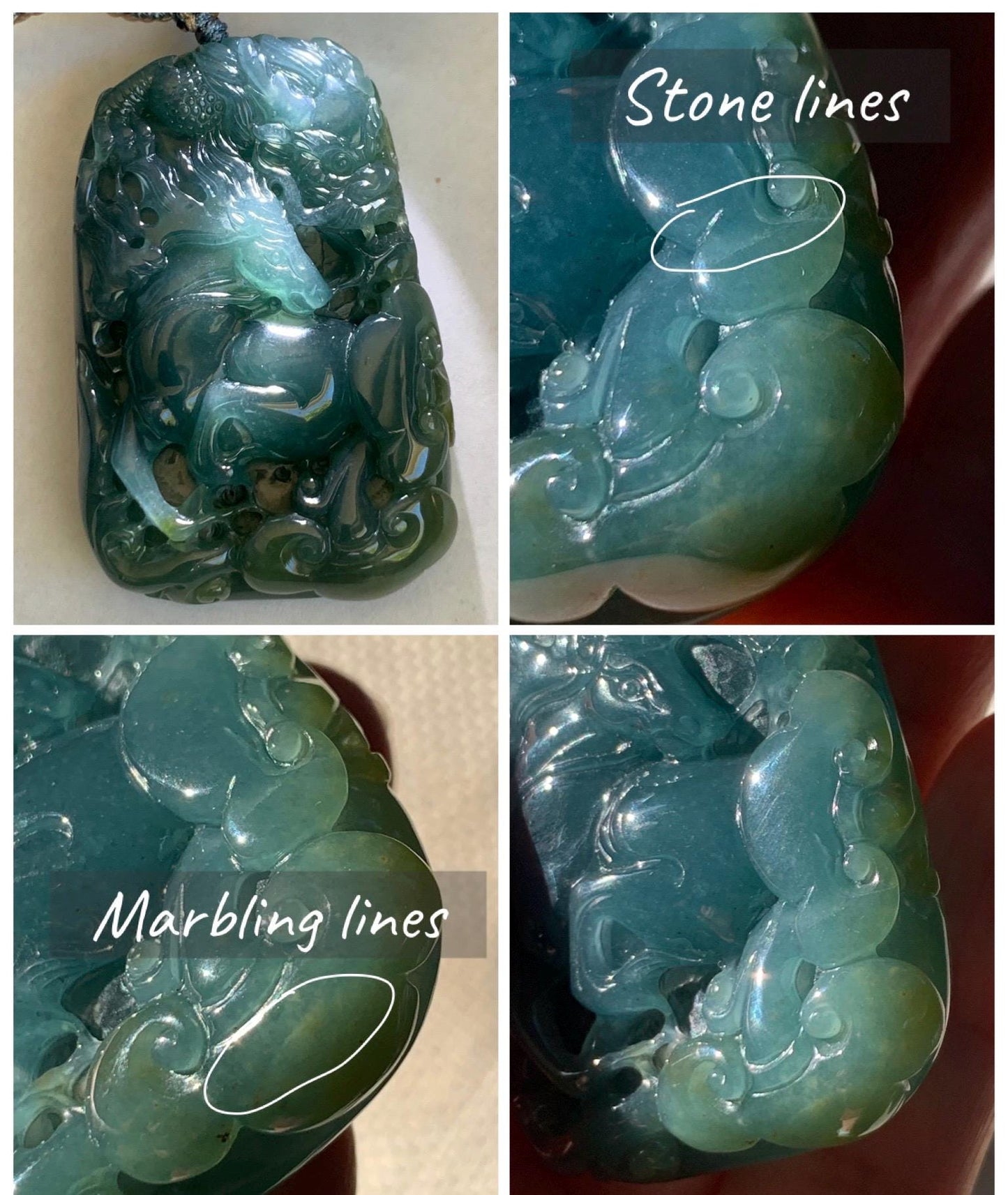 Natural Grade A Guatemalan Icy Translucent Dark Teal Blue Jade Jadeite Horse & Dragon Pendant Rope Necklace 26” 47g 天然冰危蓝翡翠精工龙马牌双面吊坠 WLM260