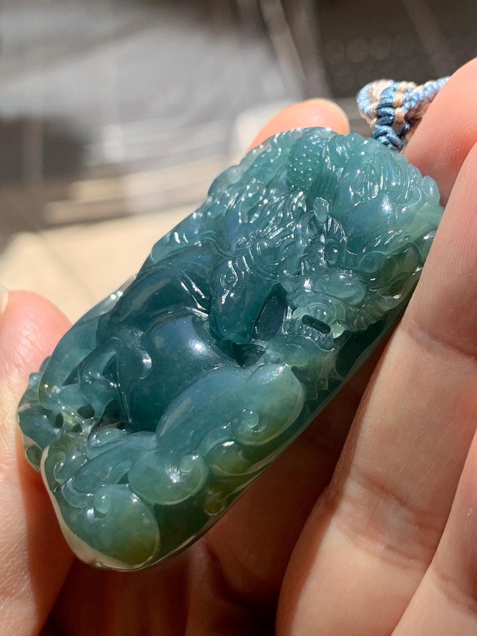 Natural Grade A Guatemalan Icy Translucent Dark Teal Blue Jade Jadeite Horse & Dragon Pendant Rope Necklace 26” 47g 天然冰危蓝翡翠精工龙马牌双面吊坠 WLM260