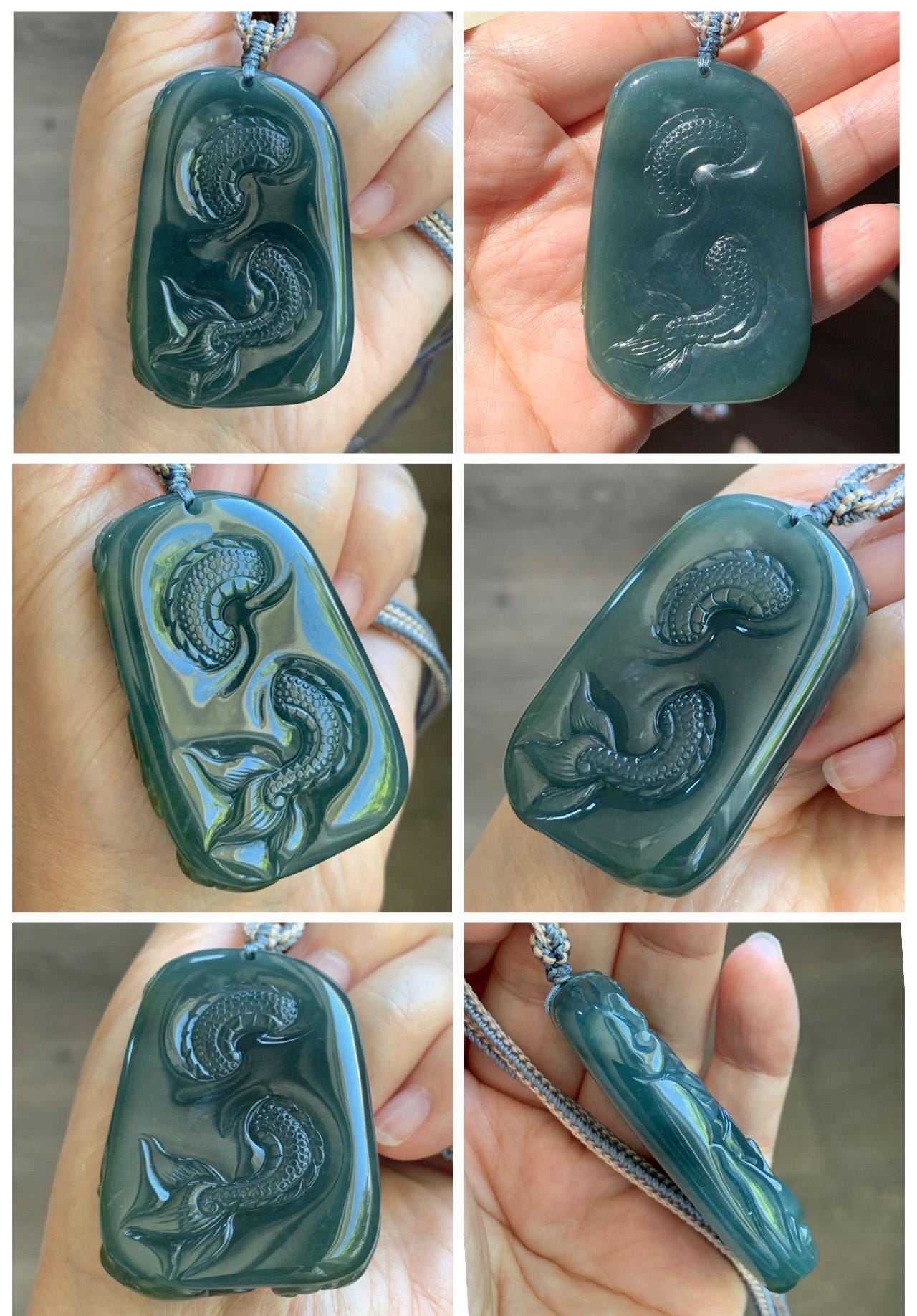 Natural Grade A Guatemalan Icy Translucent Dark Teal Blue Jade Jadeite Horse & Dragon Pendant Rope Necklace 26” 47g 天然冰危蓝翡翠精工龙马牌双面吊坠 WLM260