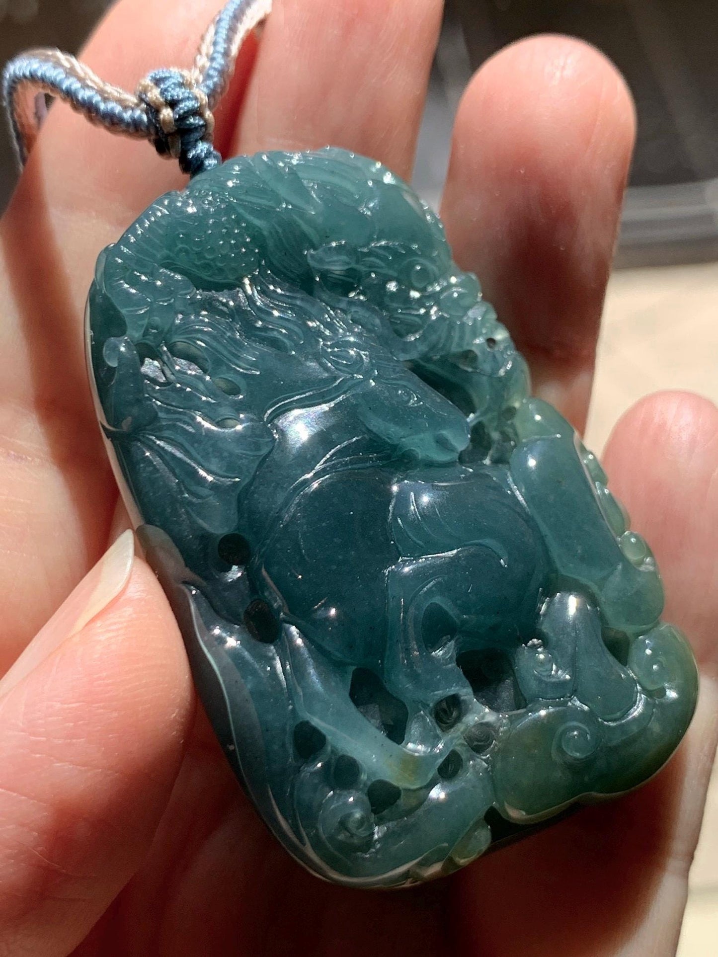 Natural Grade A Guatemalan Icy Translucent Dark Teal Blue Jade Jadeite Horse & Dragon Pendant Rope Necklace 26” 47g 天然冰危蓝翡翠精工龙马牌双面吊坠 WLM260