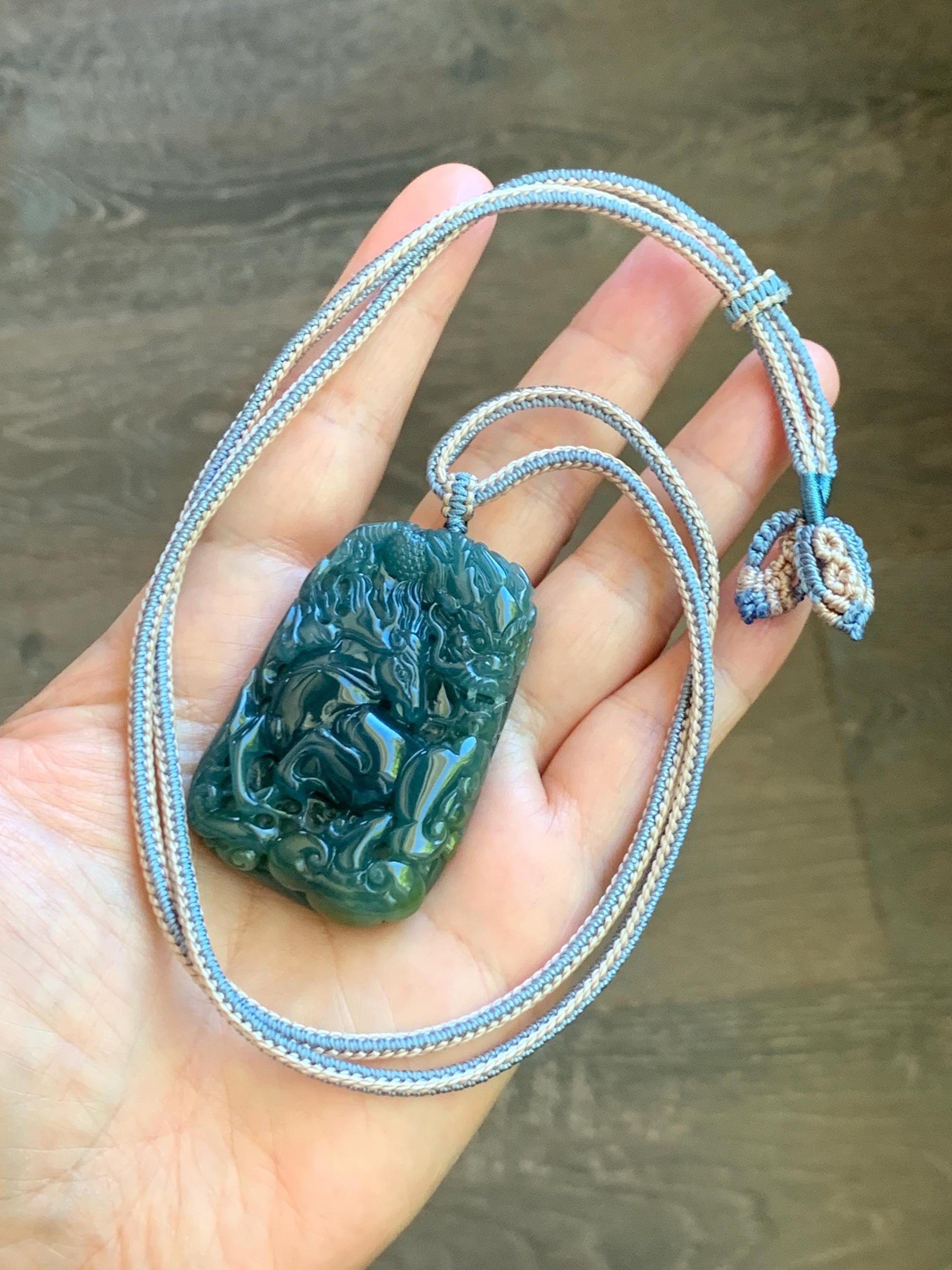 Natural Grade A Guatemalan Icy Translucent Dark Teal Blue Jade Jadeite Horse & Dragon Pendant Rope Necklace 26” 47g 天然冰危蓝翡翠精工龙马牌双面吊坠 WLM260