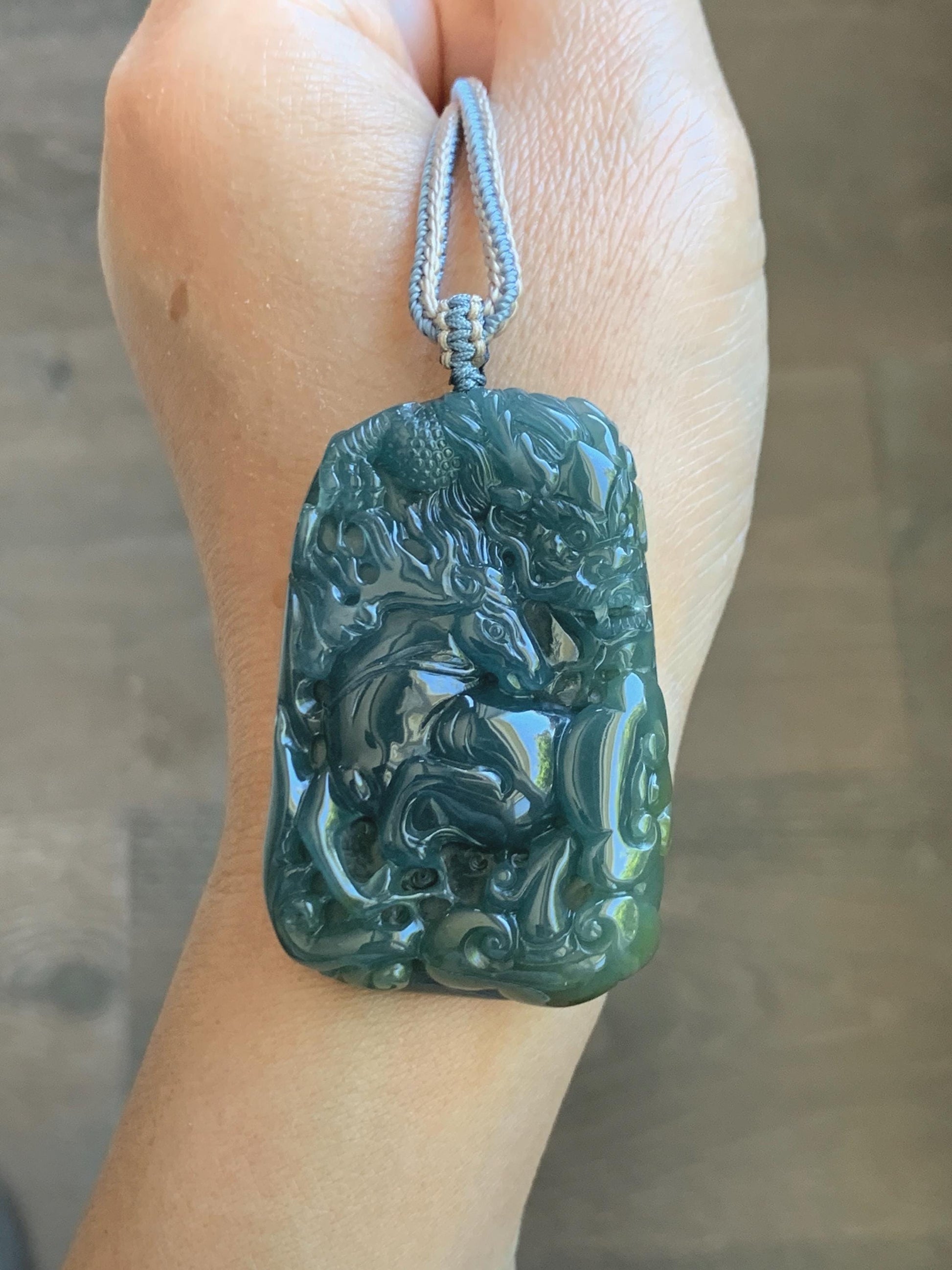 Natural Grade A Guatemalan Icy Translucent Dark Teal Blue Jade Jadeite Horse & Dragon Pendant Rope Necklace 26” 47g 天然冰危蓝翡翠精工龙马牌双面吊坠 WLM260