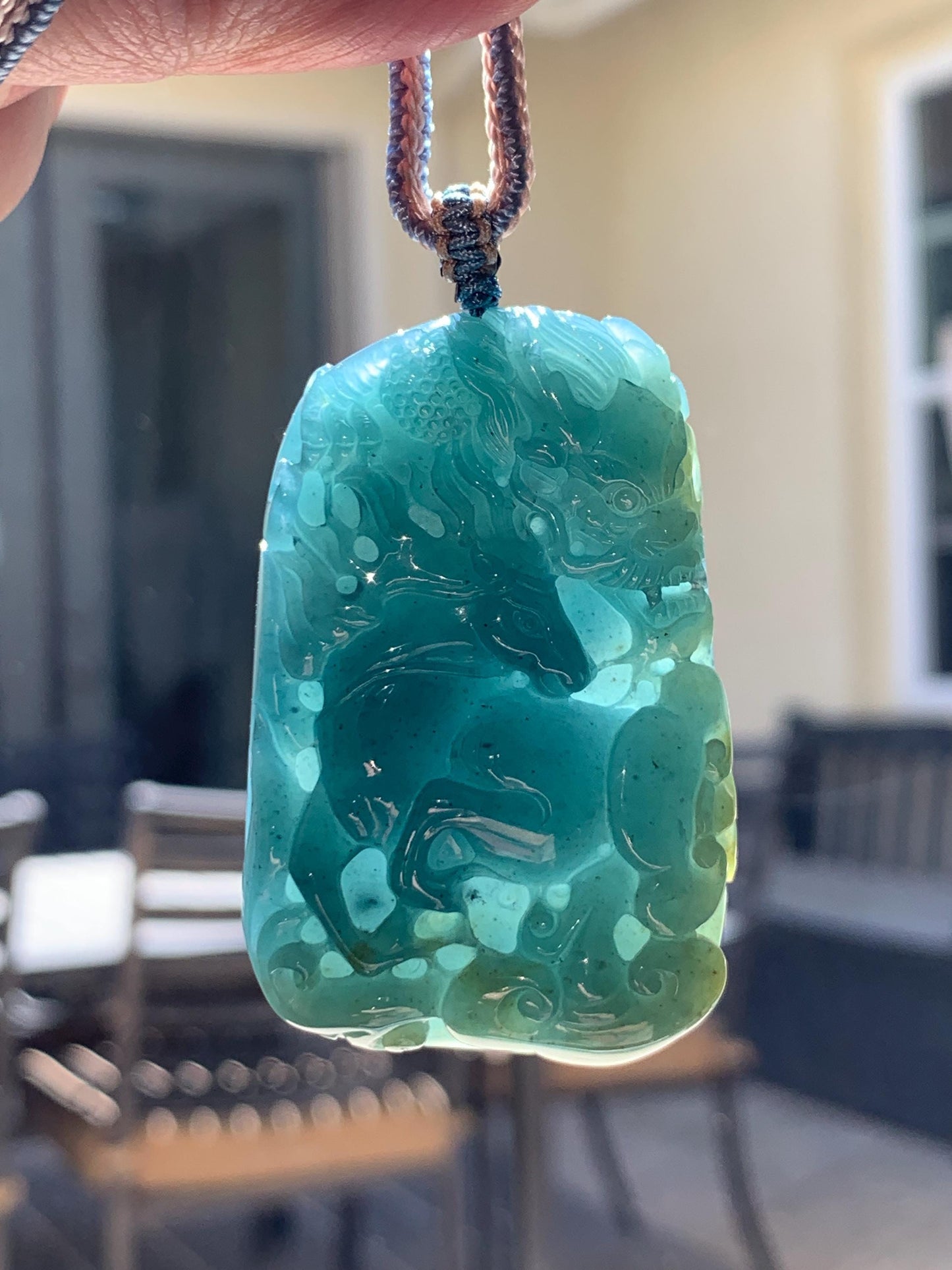 Natural Grade A Guatemalan Icy Translucent Dark Teal Blue Jade Jadeite Horse & Dragon Pendant Rope Necklace 26” 47g 天然冰危蓝翡翠精工龙马牌双面吊坠 WLM260