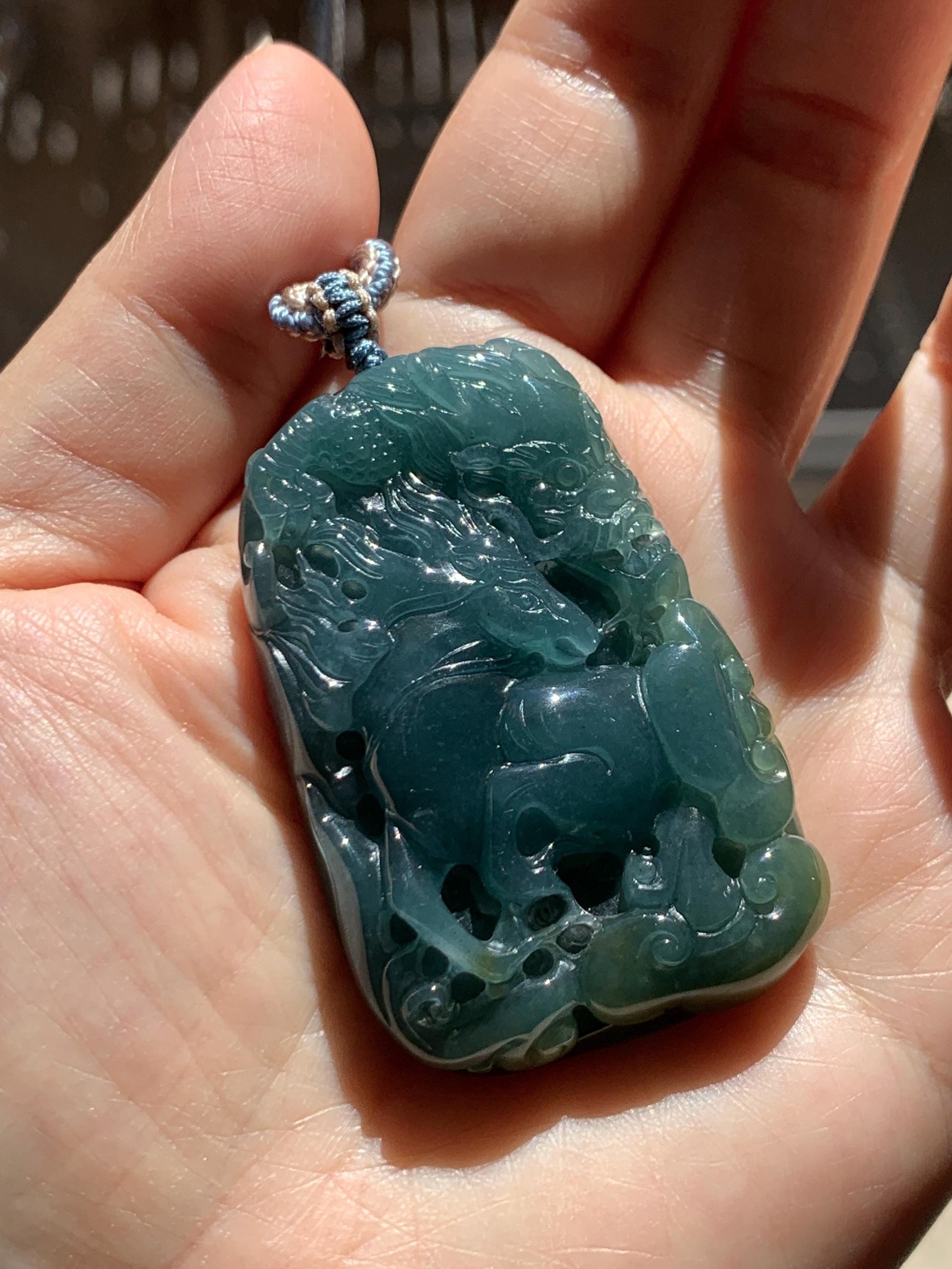 Natural Grade A Guatemalan Icy Translucent Dark Teal Blue Jade Jadeite Horse & Dragon Pendant Rope Necklace 26” 47g 天然冰危蓝翡翠精工龙马牌双面吊坠 WLM260