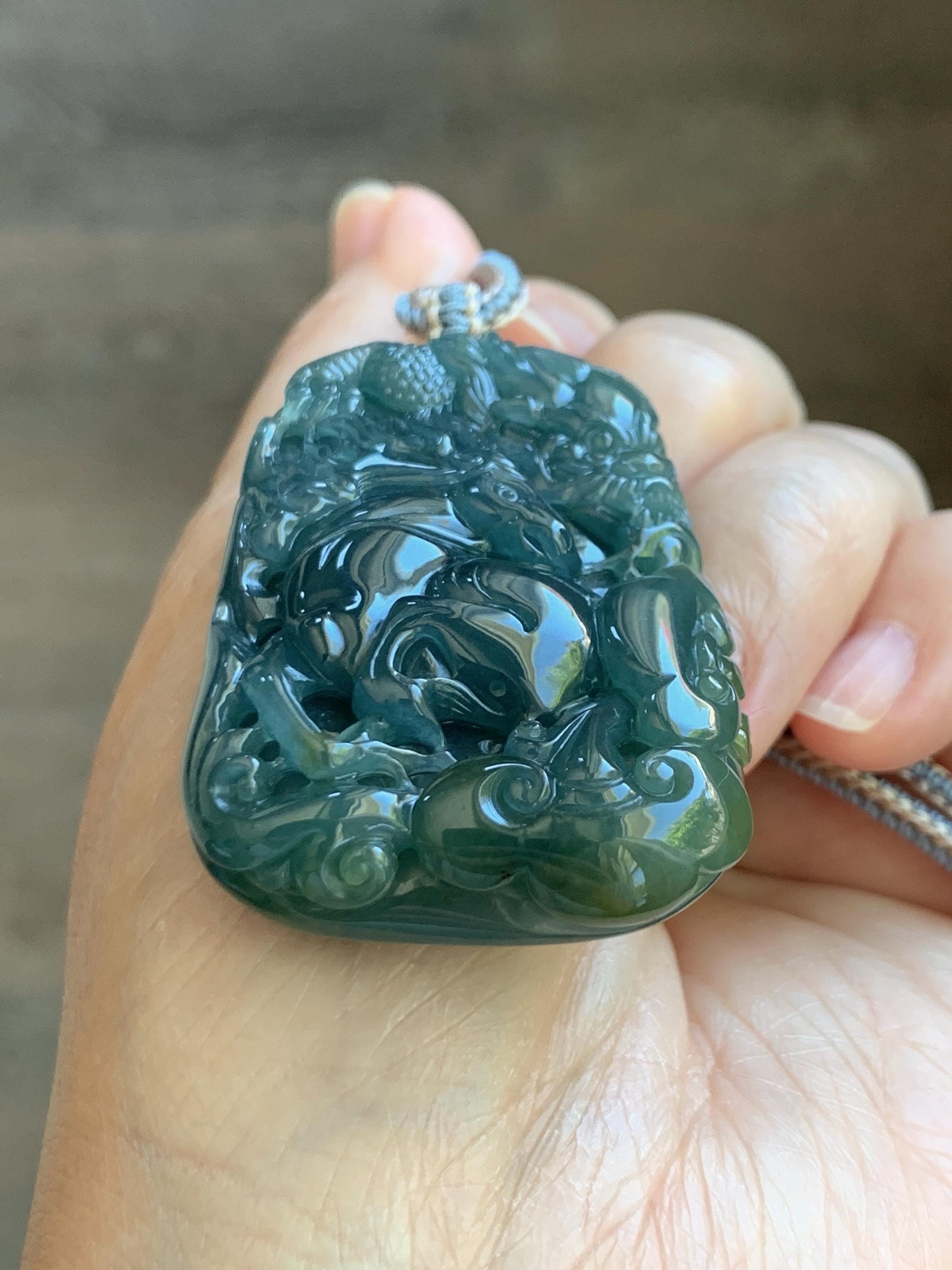 Natural Grade A Guatemalan Icy Translucent Dark Teal Blue Jade Jadeite Horse & Dragon Pendant Rope Necklace 26” 47g 天然冰危蓝翡翠精工龙马牌双面吊坠 WLM260