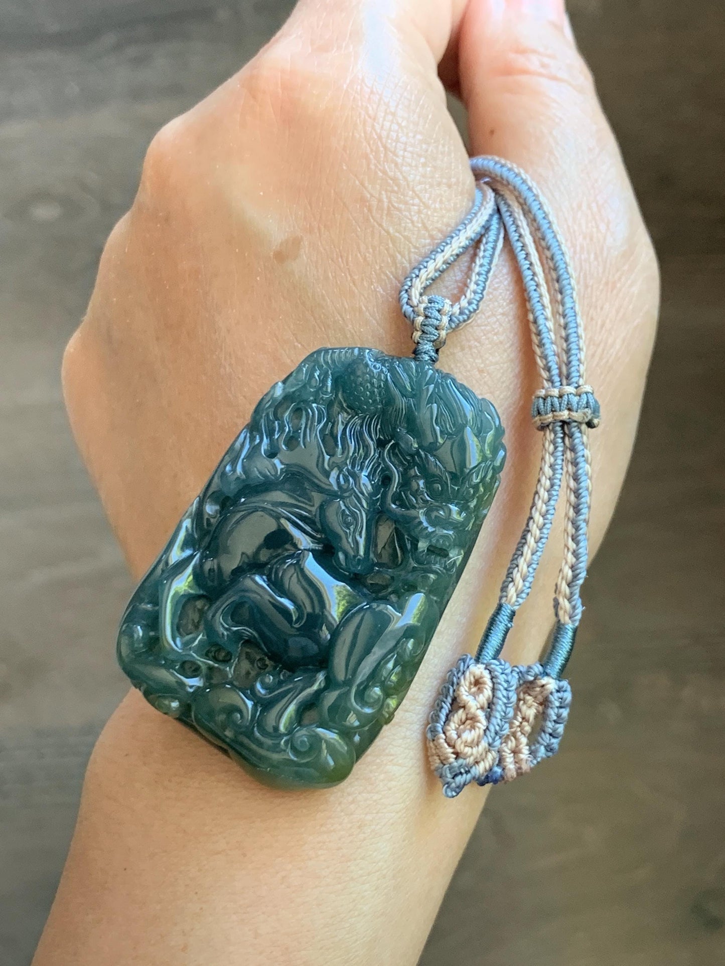 Natural Grade A Guatemalan Icy Translucent Dark Teal Blue Jade Jadeite Horse & Dragon Pendant Rope Necklace 26” 47g 天然冰危蓝翡翠精工龙马牌双面吊坠 WLM260