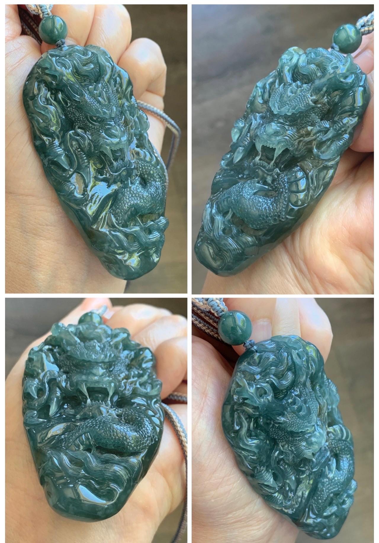 Large Certified Natural Grade A Guatemalan Icy Translucent Dark Teal Jade Jadeite Dragon Pendant Rope Necklace 26” 69g 天然冰危蓝翡翠精工龙牌双面吊坠 1162