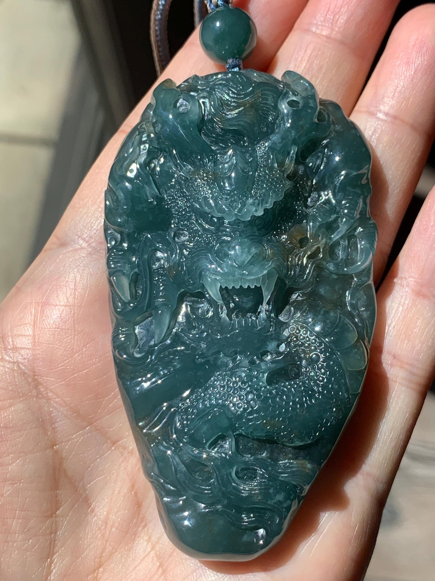 Large Certified Natural Grade A Guatemalan Icy Translucent Dark Teal Jade Jadeite Dragon Pendant Rope Necklace 26” 69g 天然冰危蓝翡翠精工龙牌双面吊坠 1162