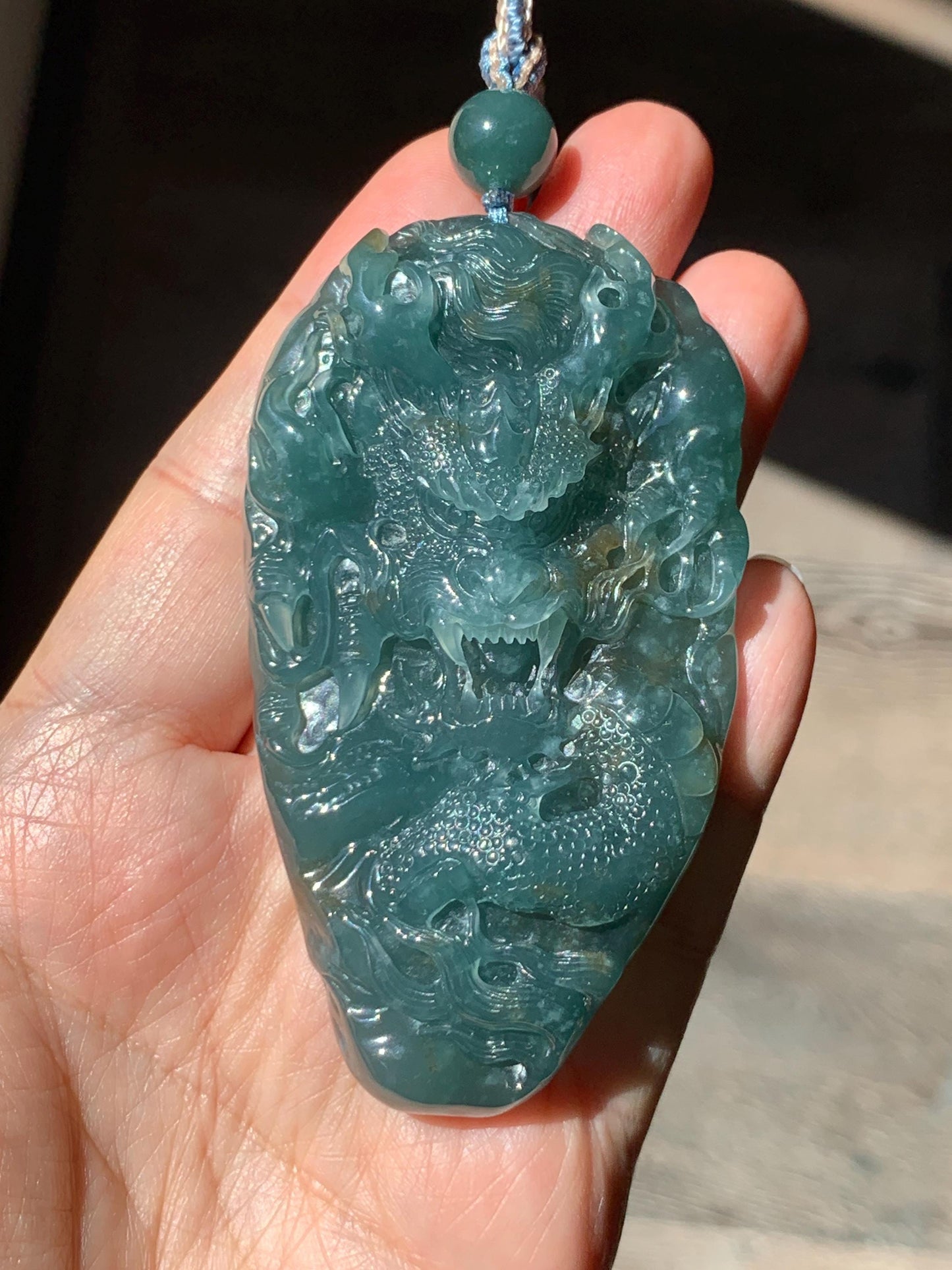 Large Certified Natural Grade A Guatemalan Icy Translucent Dark Teal Jade Jadeite Dragon Pendant Rope Necklace 26” 69g 天然冰危蓝翡翠精工龙牌双面吊坠 1162