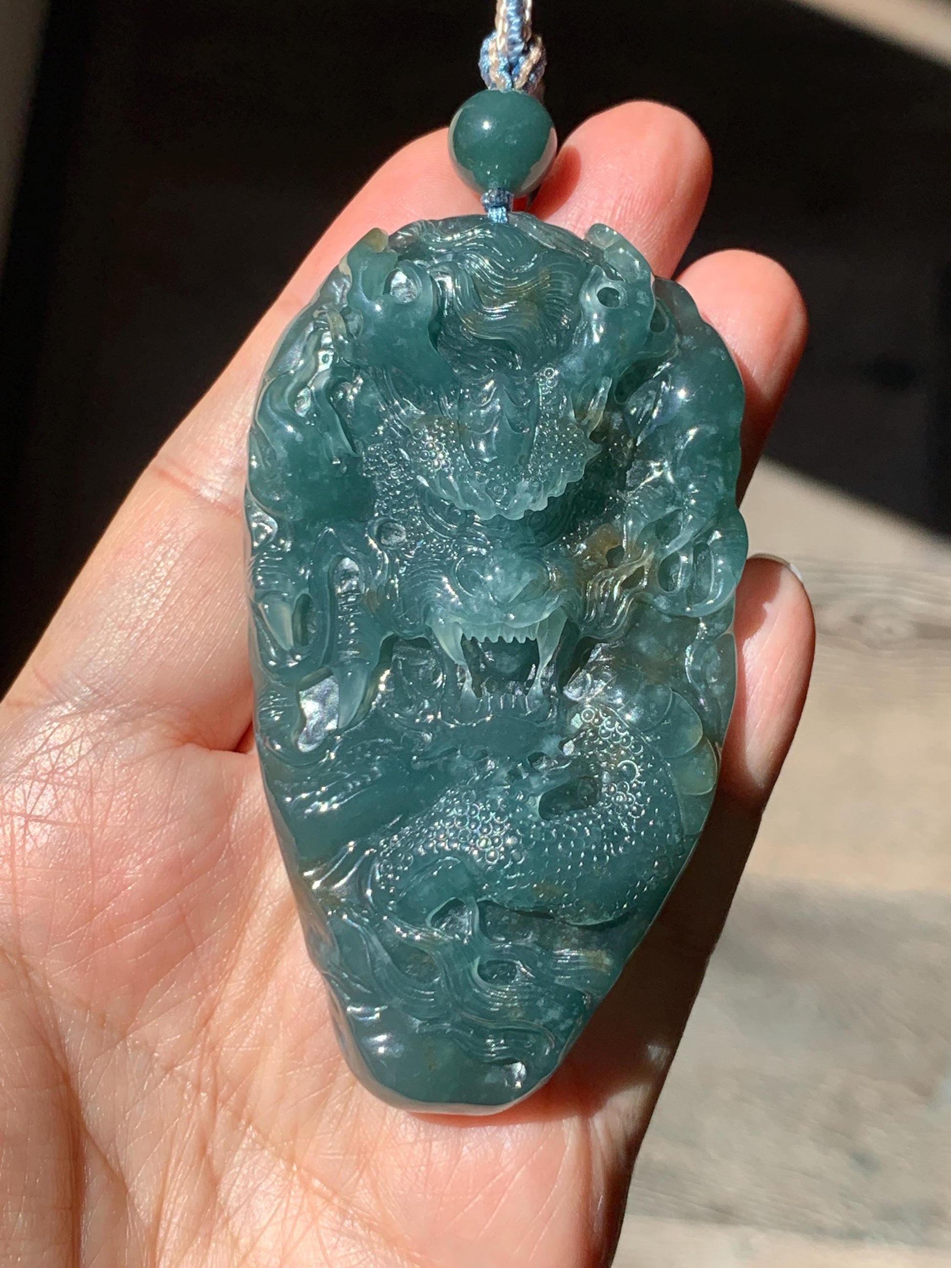 Large Certified Natural Grade A Guatemalan Icy Translucent Dark Teal Jade Jadeite Dragon Pendant Rope Necklace 26” 69g 天然冰危蓝翡翠精工龙牌双面吊坠 1162