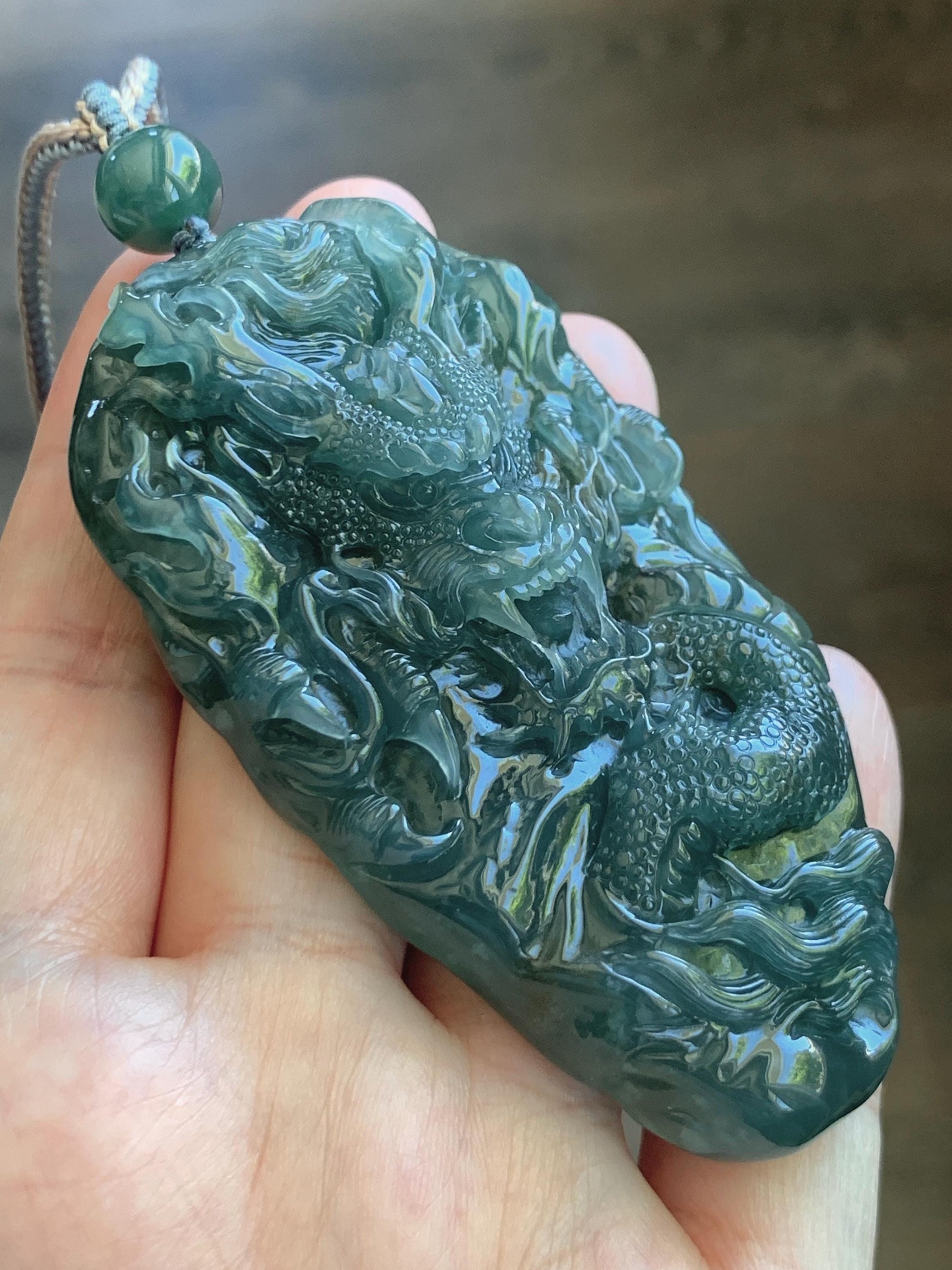 Large Certified Natural Grade A Guatemalan Icy Translucent Dark Teal Jade Jadeite Dragon Pendant Rope Necklace 26” 69g 天然冰危蓝翡翠精工龙牌双面吊坠 1162
