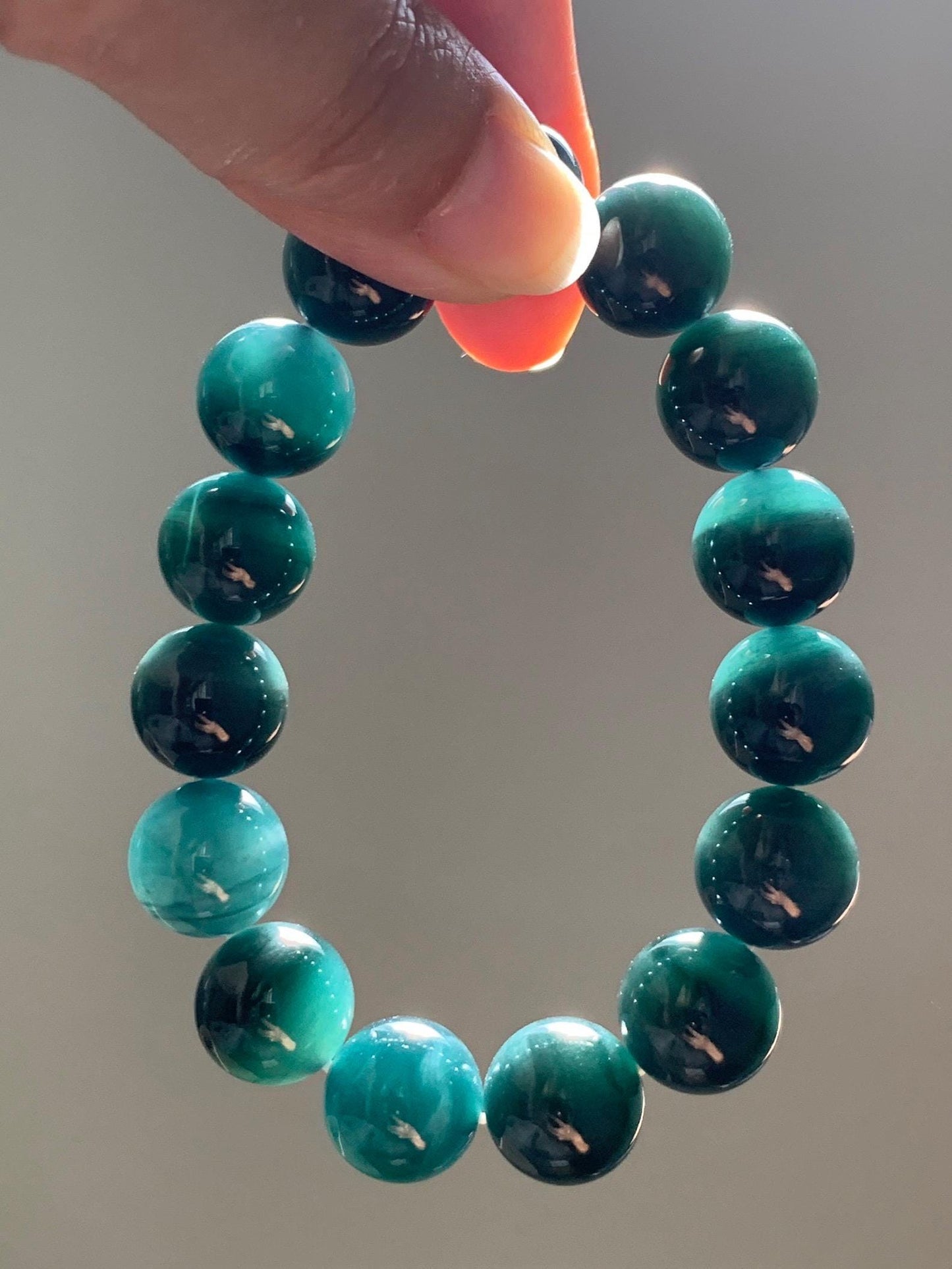 LARGE Natural Grade A Guatemalan Icy Translucent Dark Teal Green Jade Jadeite Beaded Bracelet 13.9mm 7.75” 70g 天然冰危深老蓝水翡翠大卡手串 WDS660A