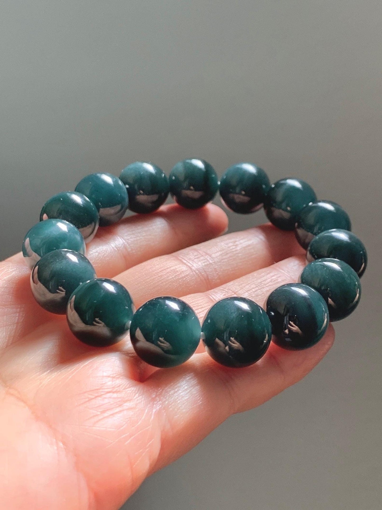 LARGE Natural Grade A Guatemalan Icy Translucent Dark Teal Green Jade Jadeite Beaded Bracelet 13.9mm 7.75” 70g 天然冰危深老蓝水翡翠大卡手串 WDS660A