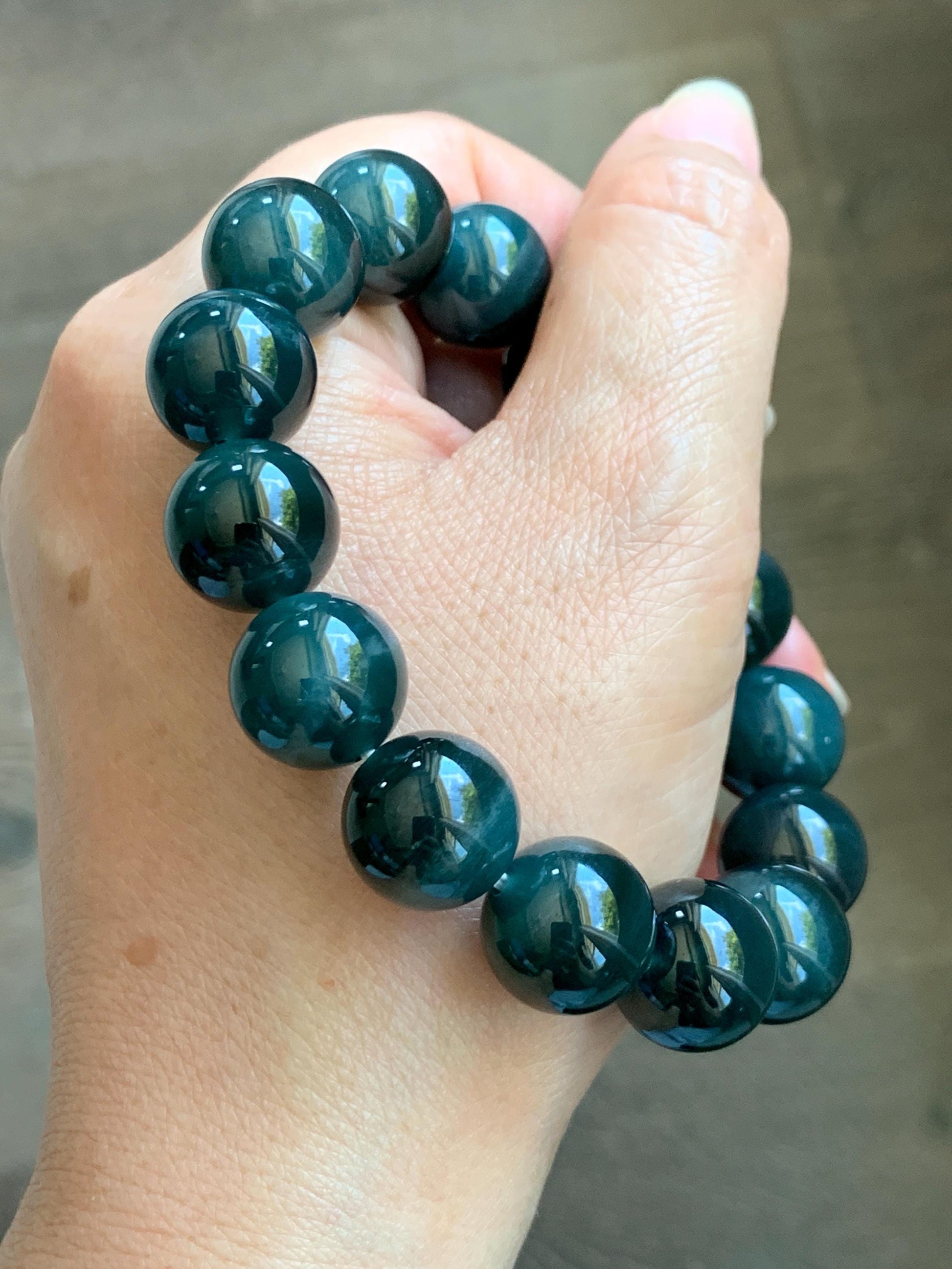 LARGE Natural Grade A Guatemalan Icy Translucent Dark Teal Green Jade Jadeite Beaded Bracelet 13.9mm 7.75” 70g 天然冰危深老蓝水翡翠大卡手串 WDS660A